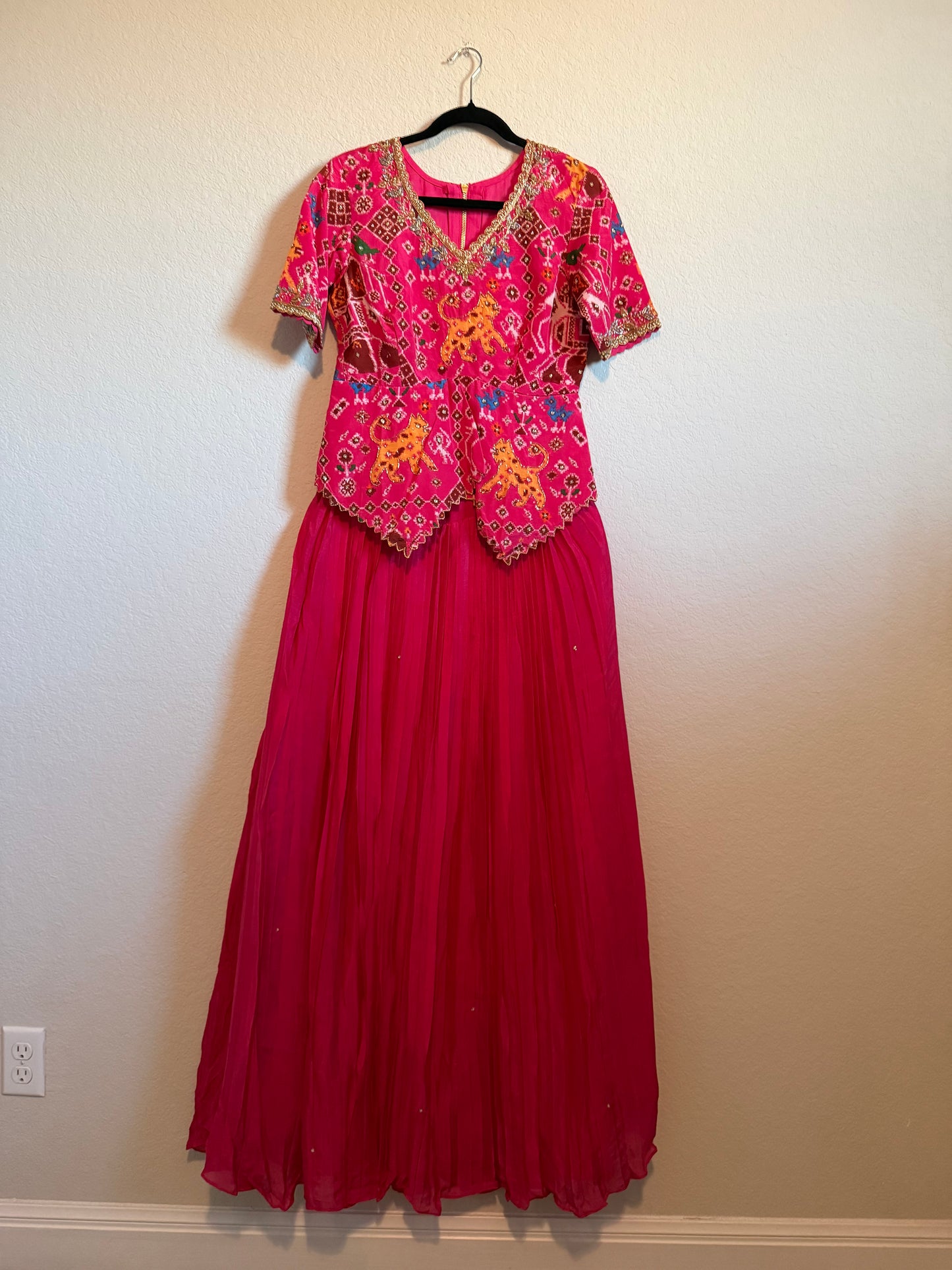 Pink Pure Patola Diamond Cut Pattern Peplum Top with Skirt Set