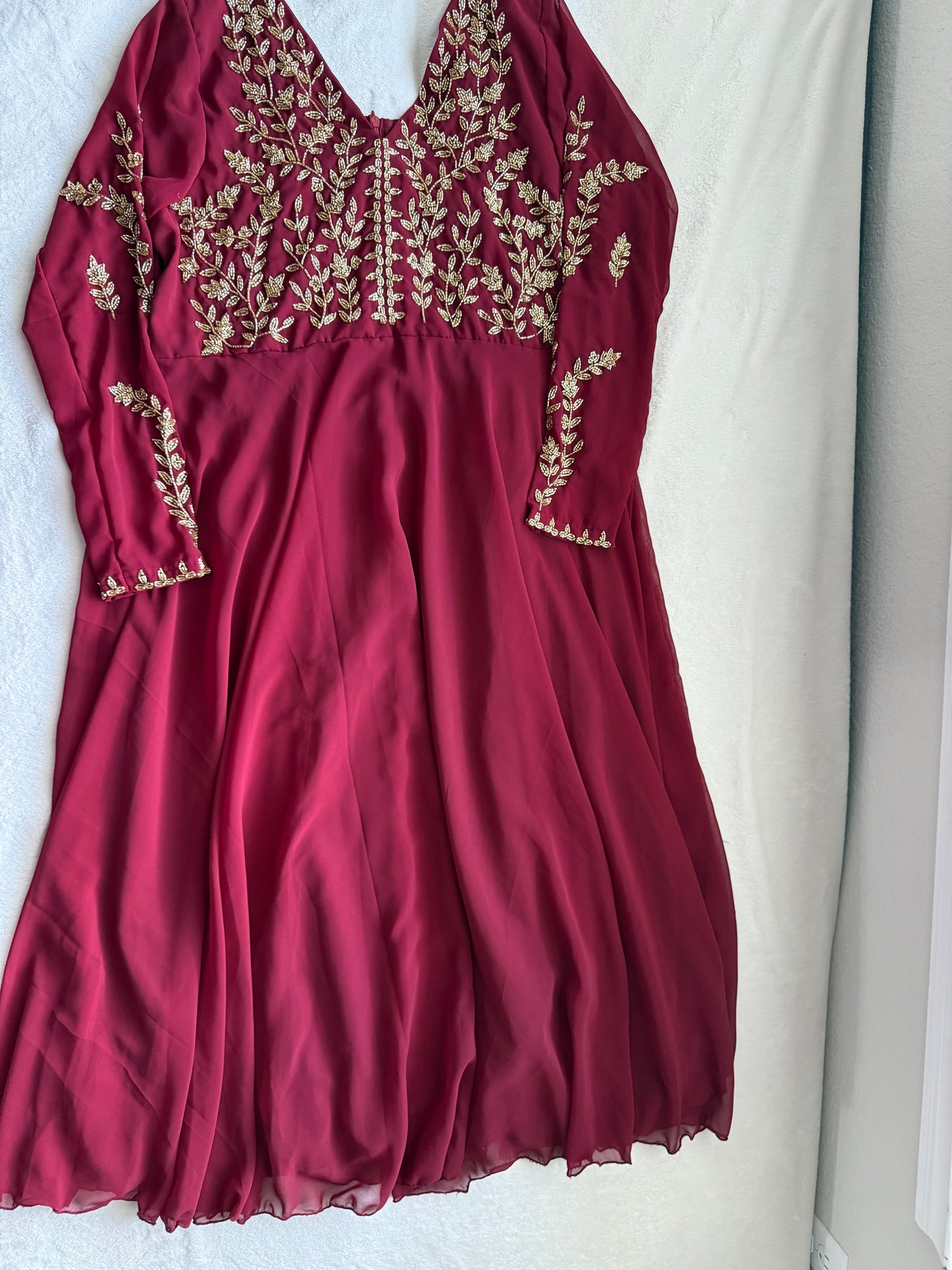 Maroon maggam work georgette heavy flare full sleeve anarkali tunic