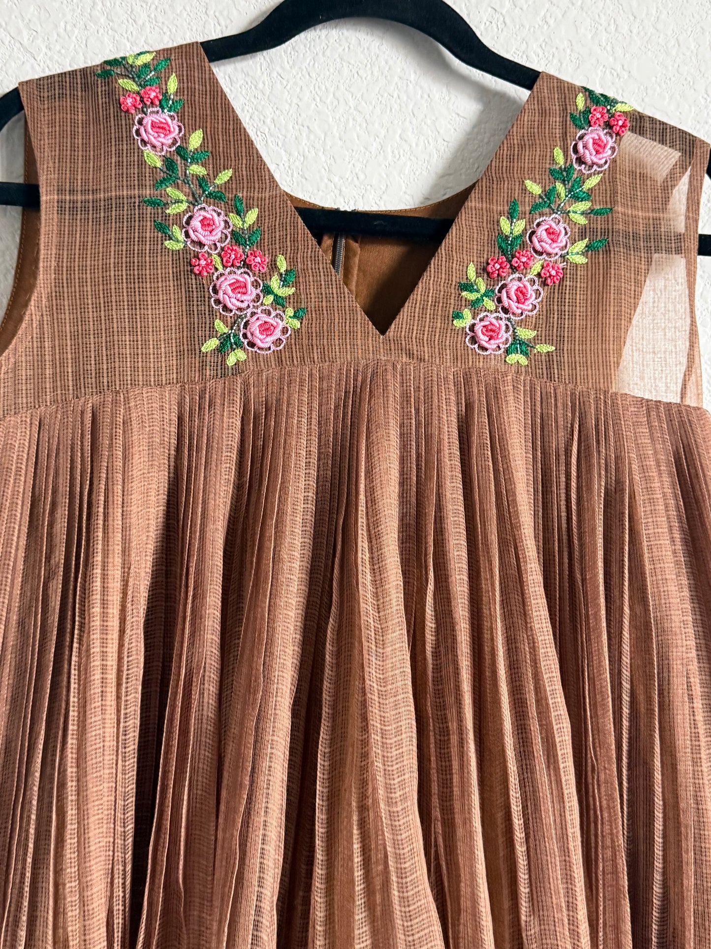 Brown Kota Sleeveless Maggam Work Dress