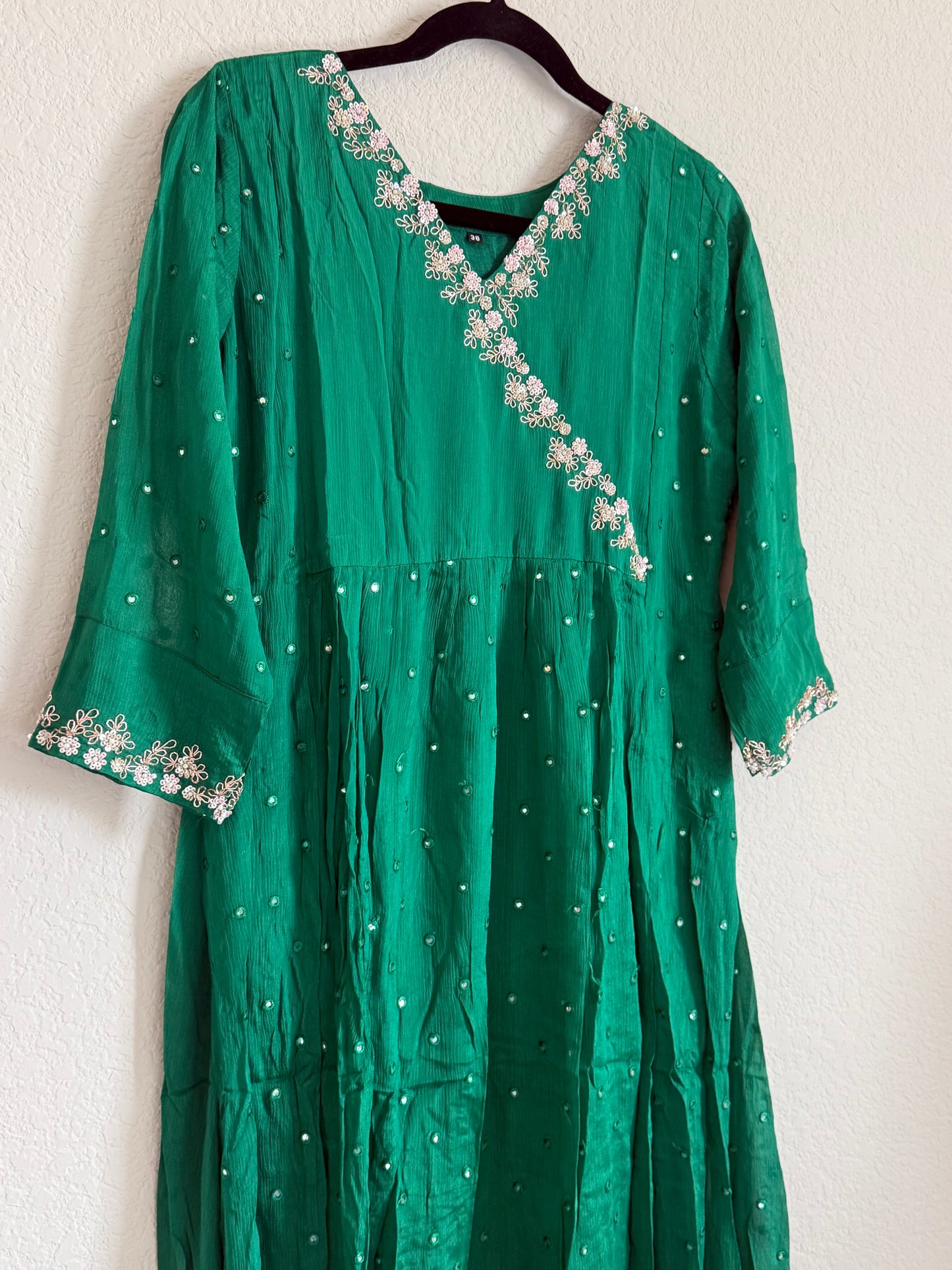 Green chinnon mirror maggam work tunic