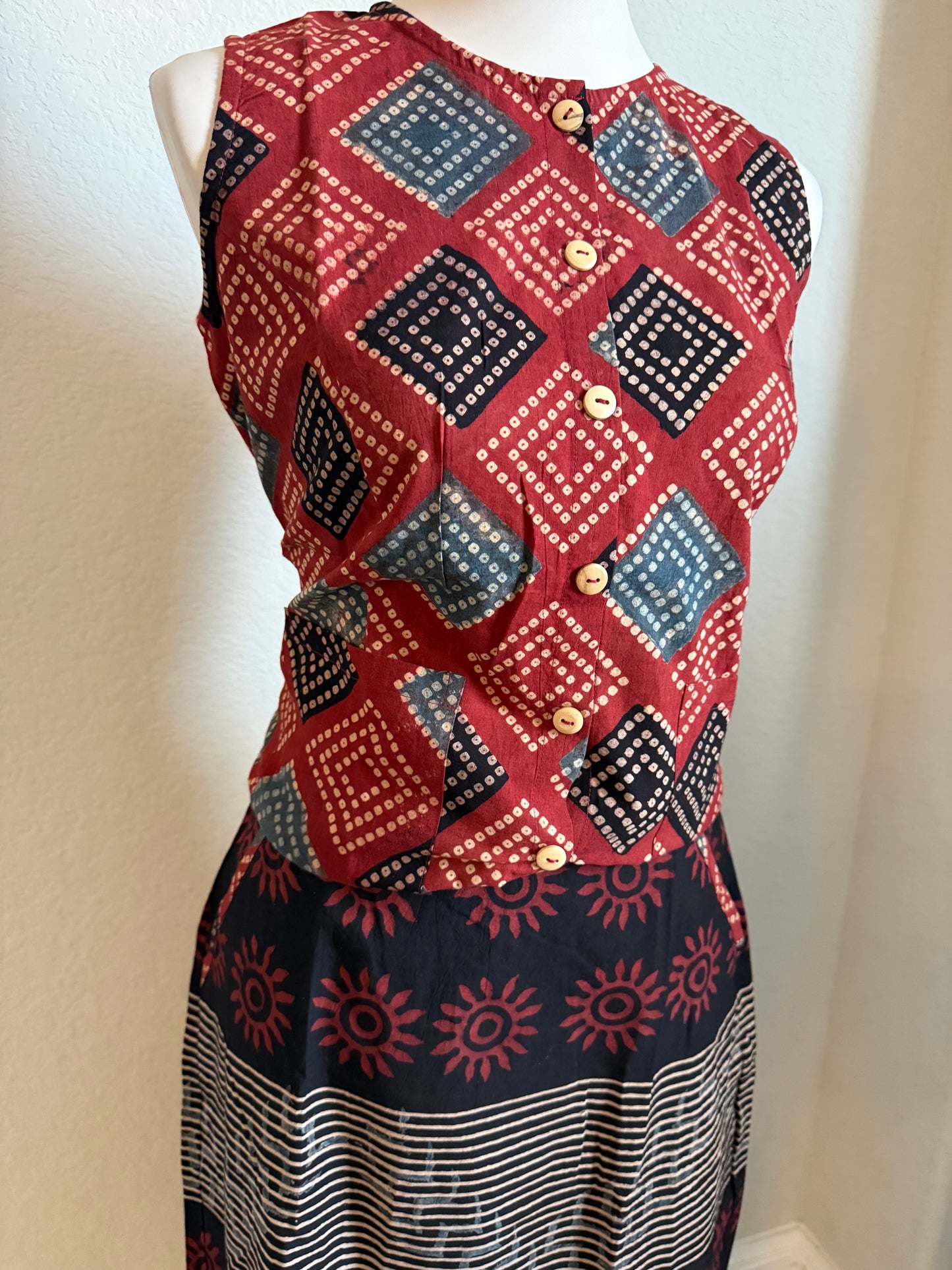 Maroon and Black Cotton Top with Cotton Skirt