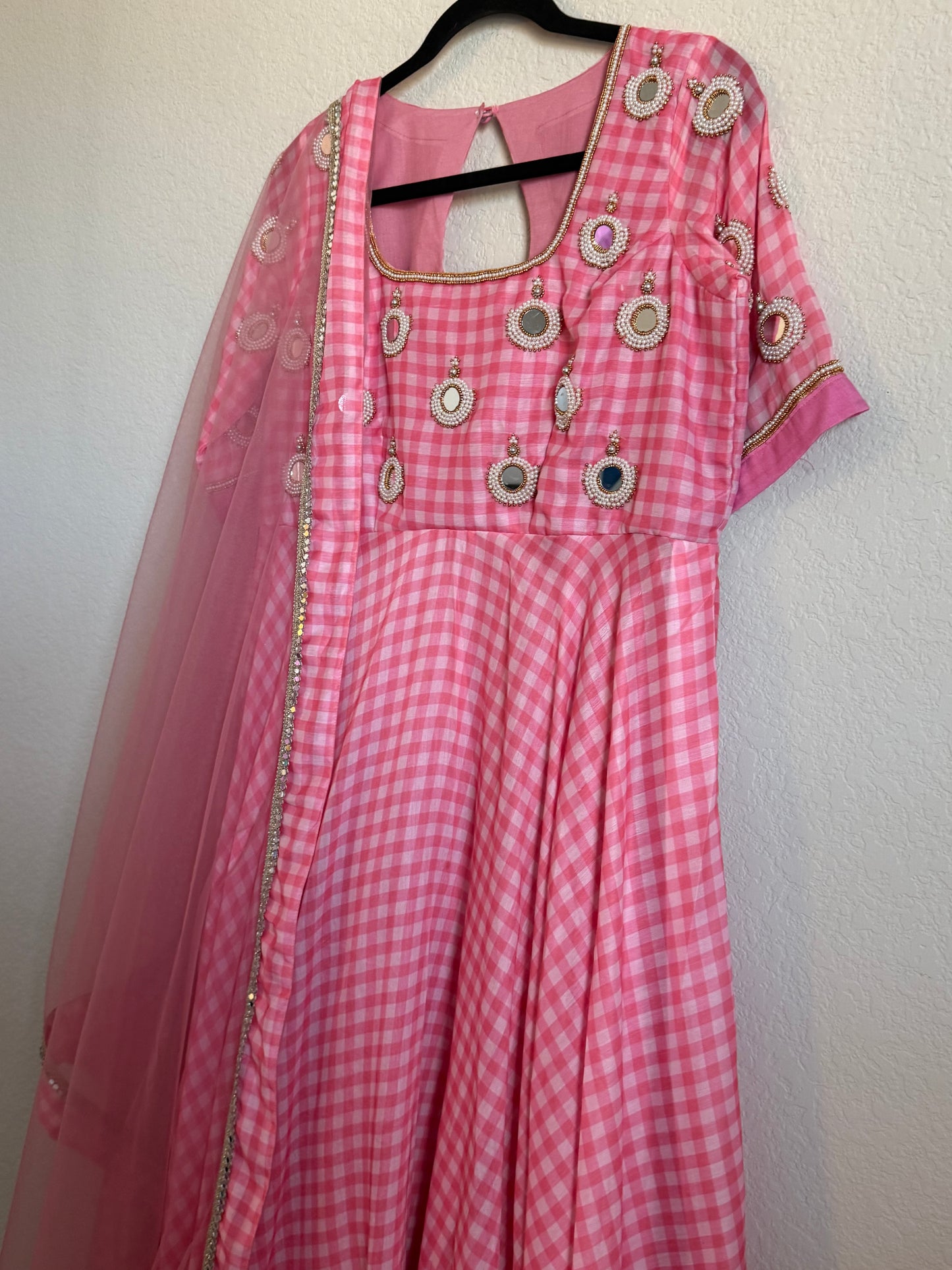 Light Pink checks heavy mirror work anarkali set - top with dupatta