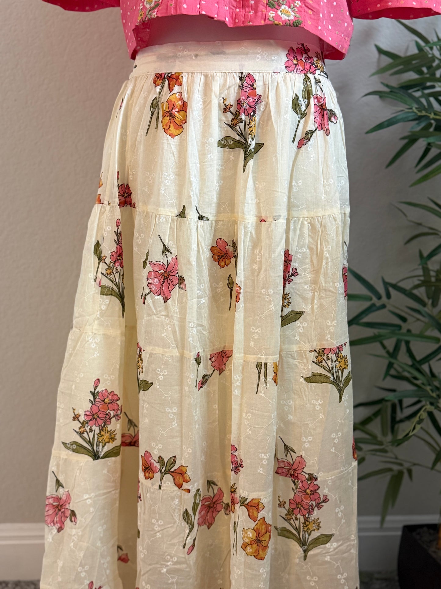Pink crop top with white floral skirt