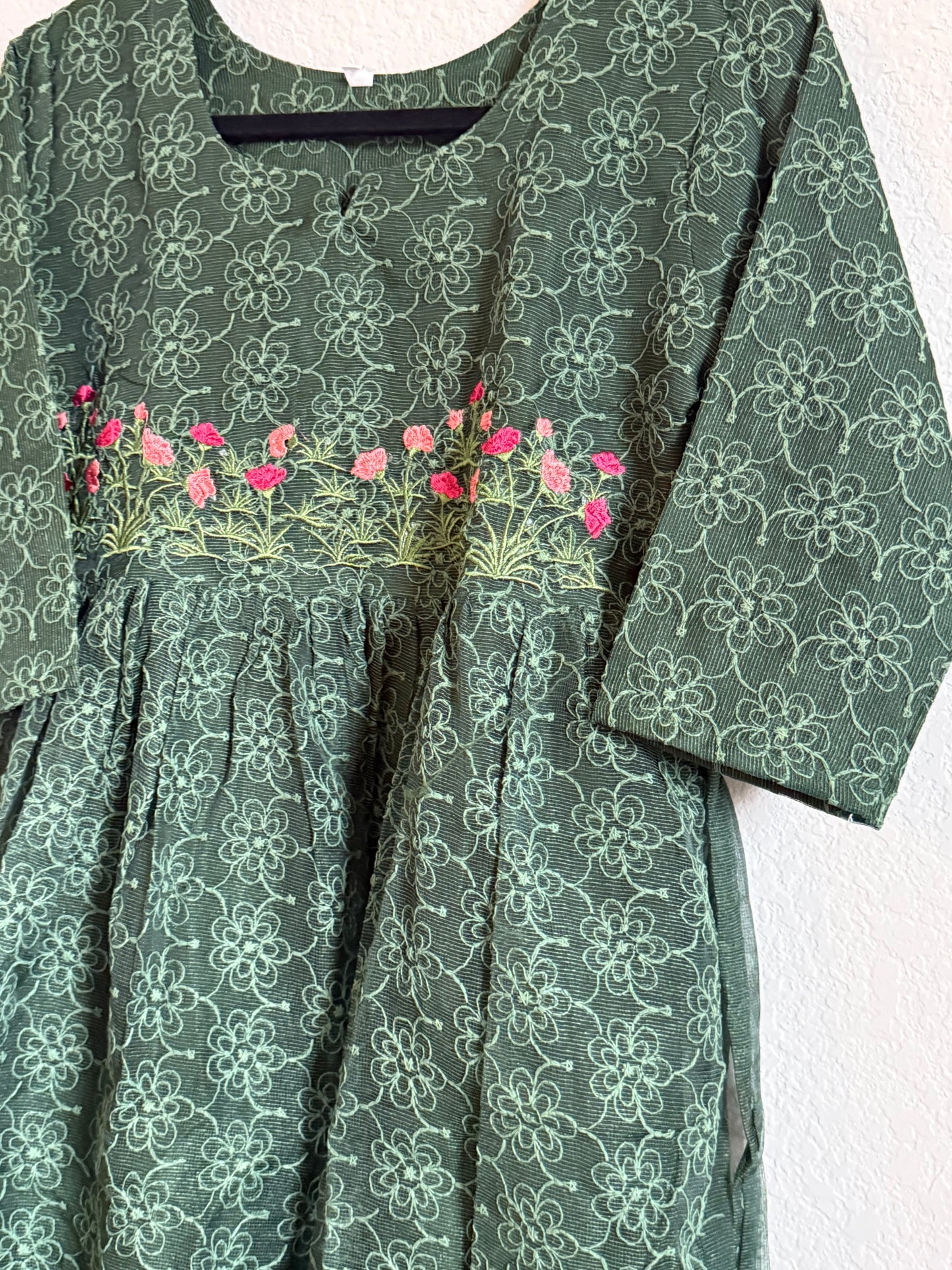 Bottle Green Net Kota Embroidered Frock