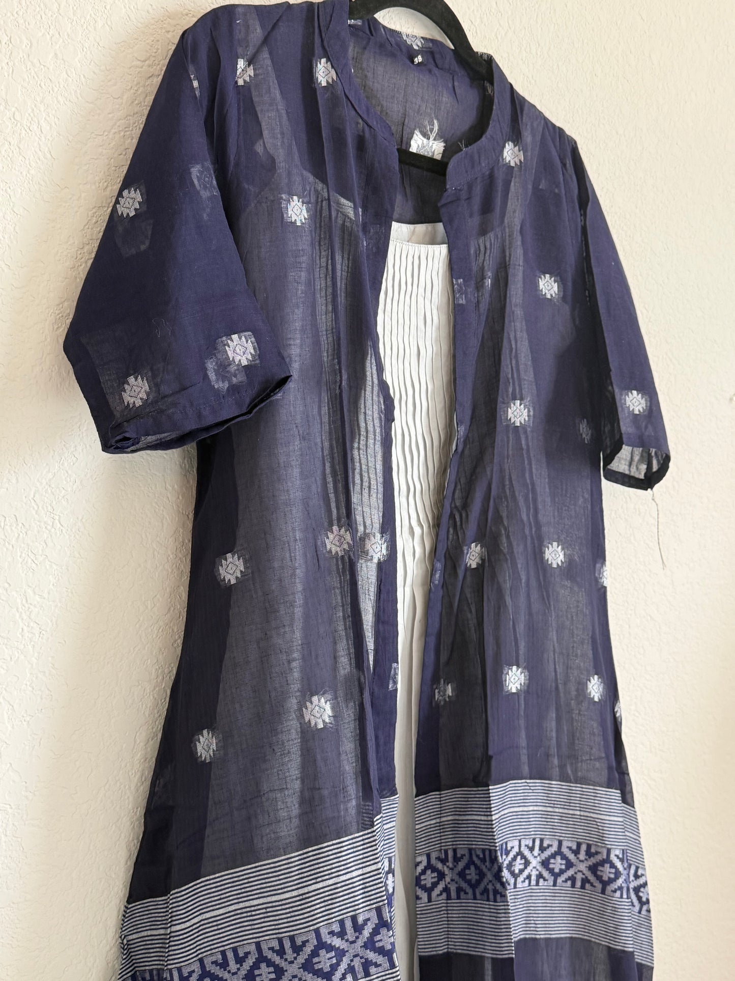 Navy Blue Jamdani Overcoat Dress with Gray Sleeveless Tunic