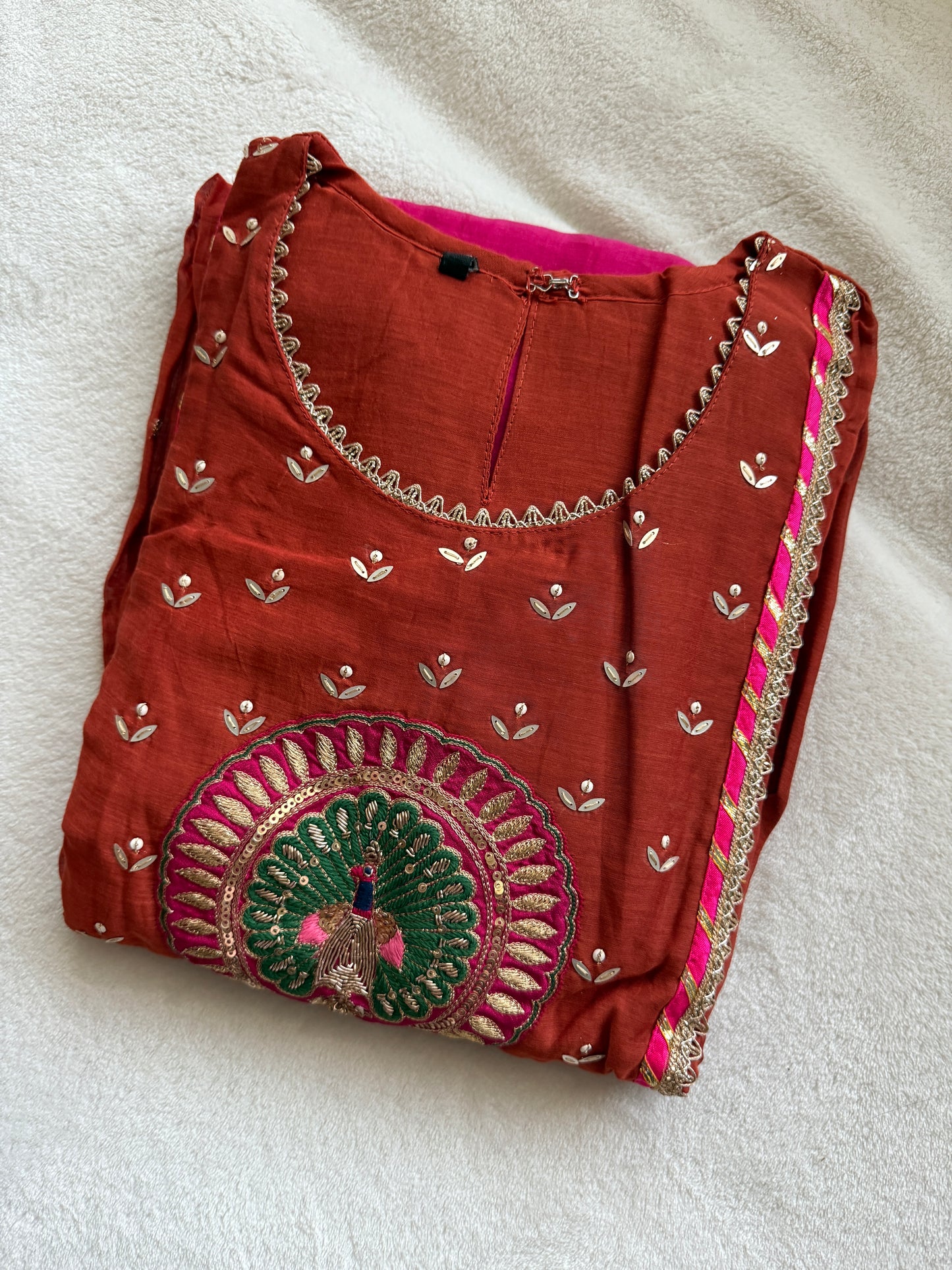 Rust orange pure mul chanderi suit set