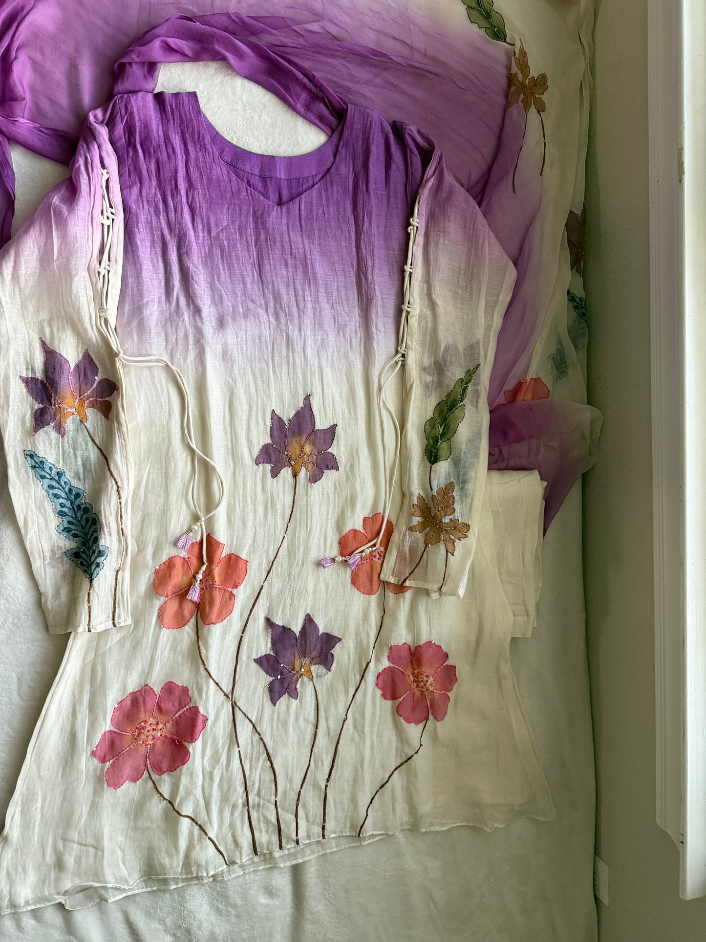 Lavender Mul Chanderi A-Line Kurti Set with Applique Work – Festive Indian Designer Outfit