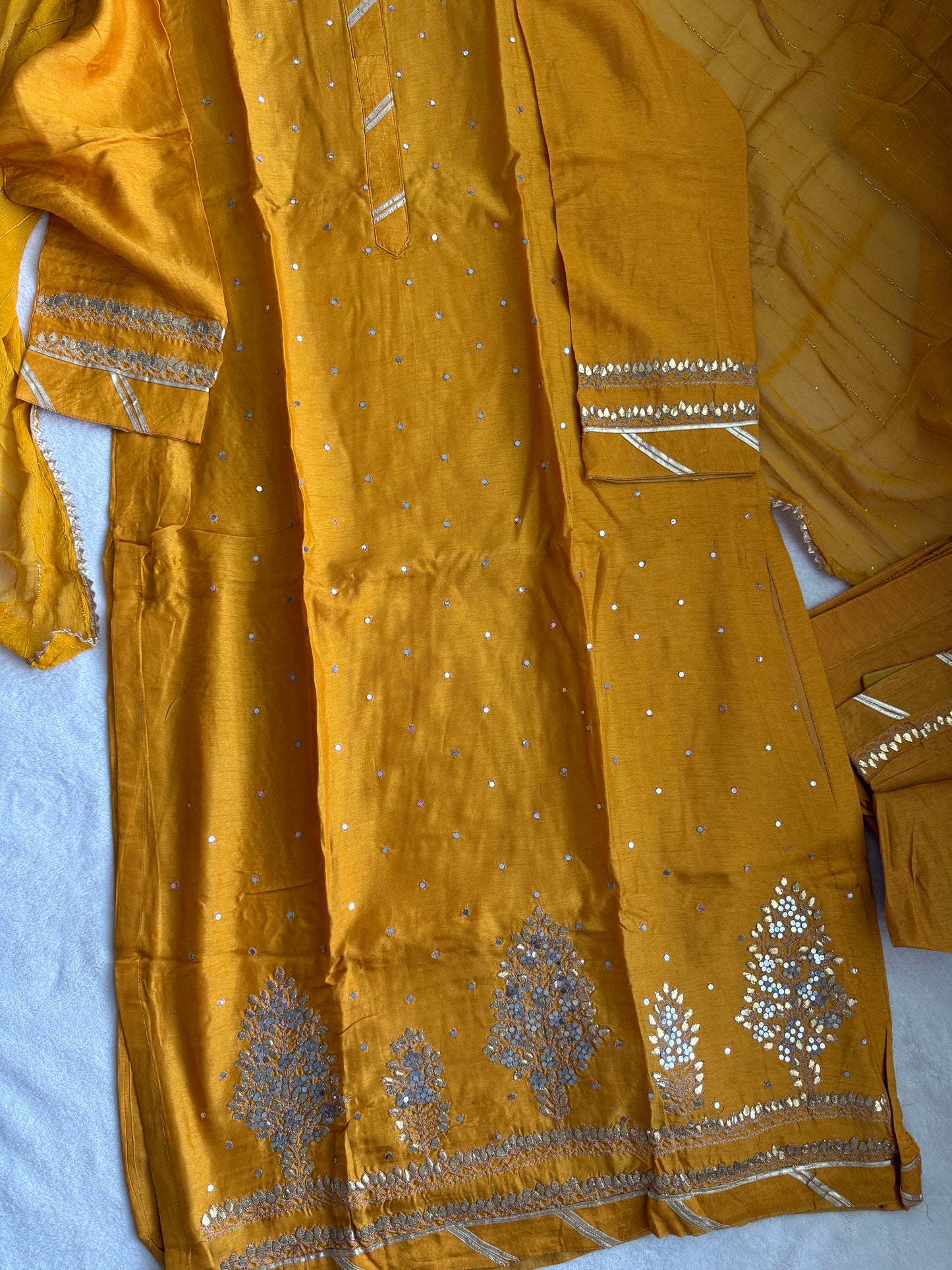 Beautiful dola silk mirror work yellow kurti set