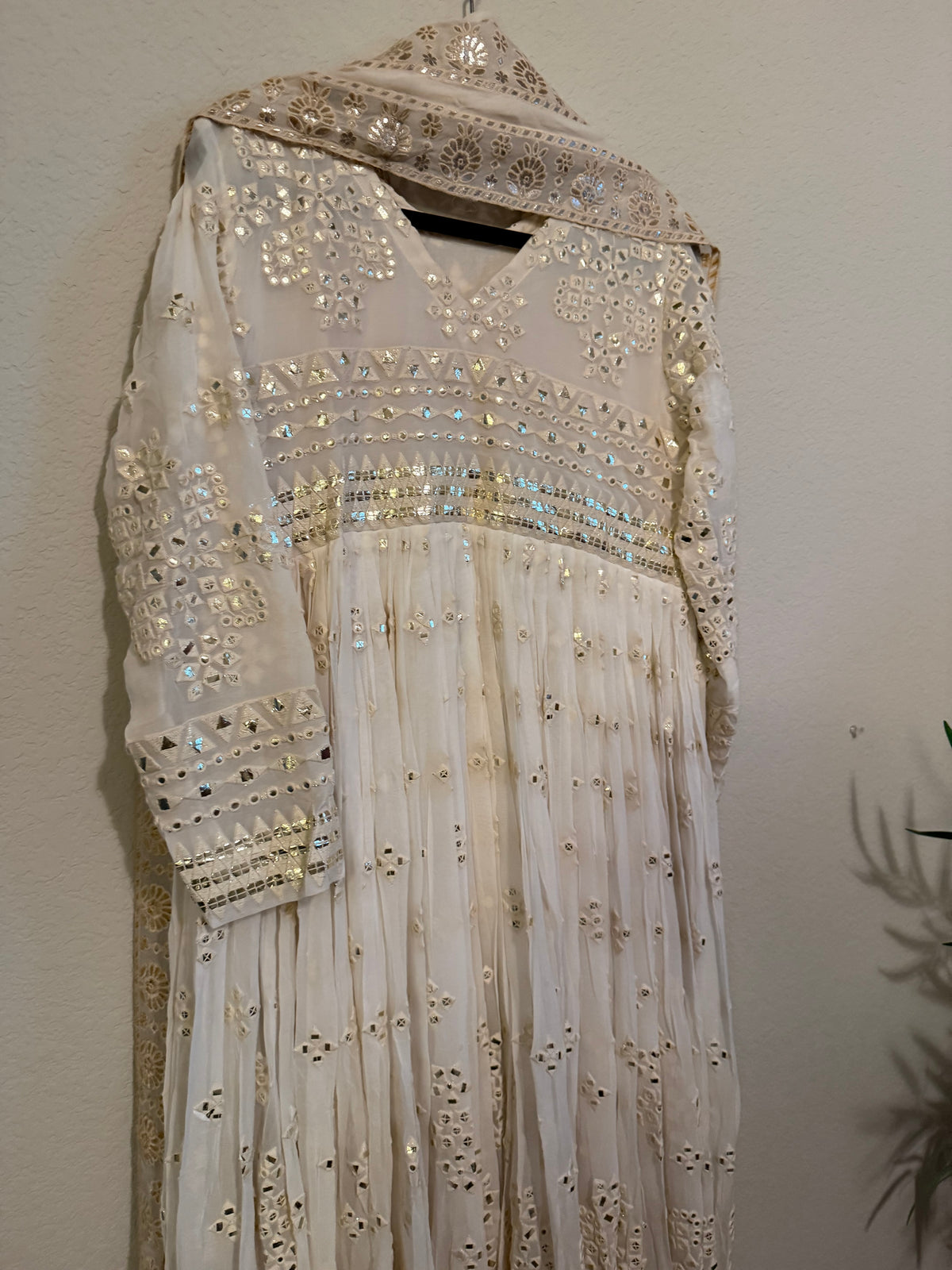 Ivory Shade Gotapatti Chikanwork Heavy Flared Long Anarkali Set - Top and Dupatta