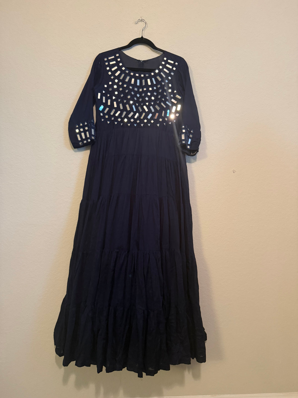 Navy Blue Mirror Work Heavy Flared Anarkali Long Dress