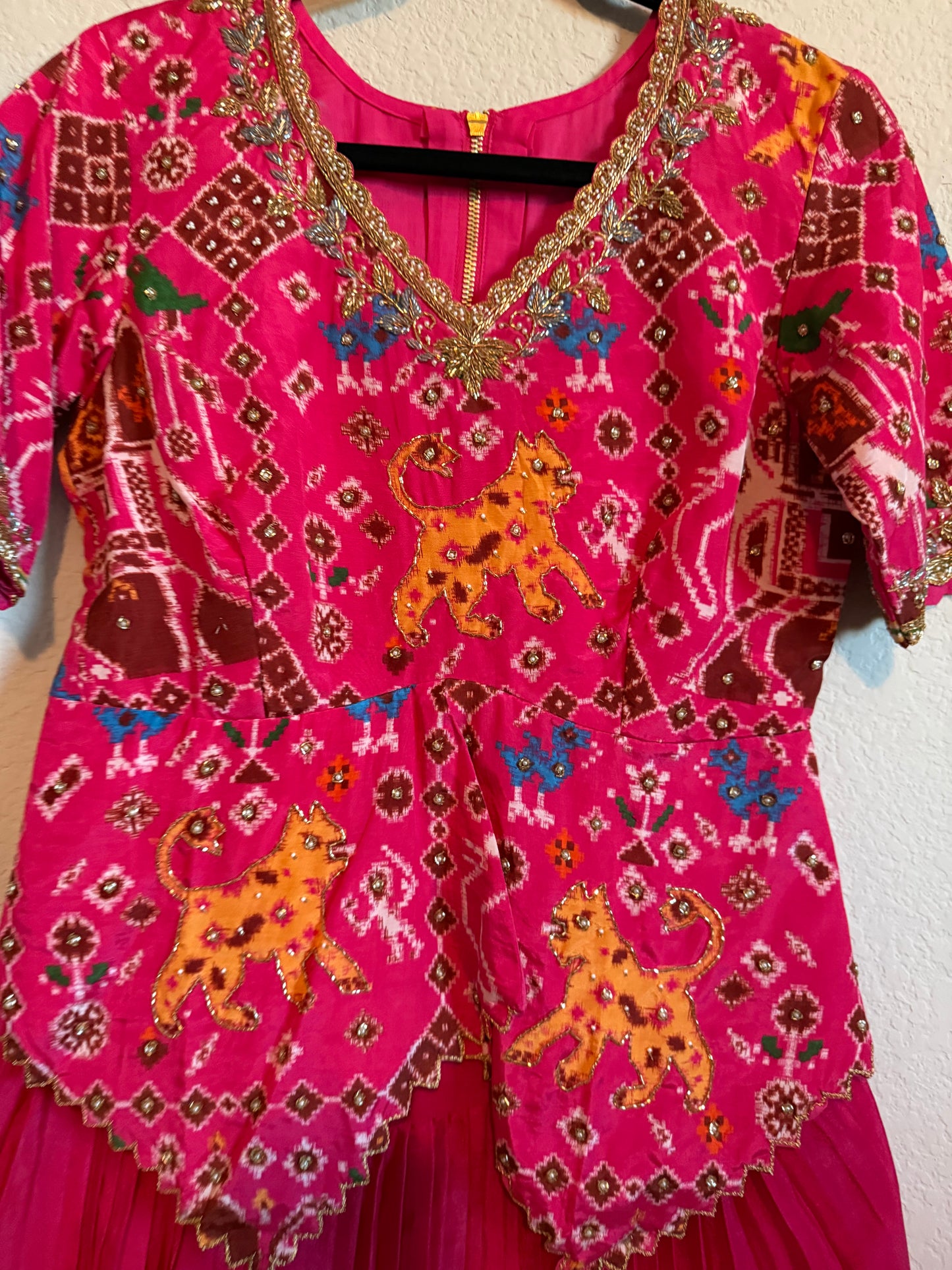 Pink Pure Patola Diamond Cut Pattern Peplum Top with Skirt Set