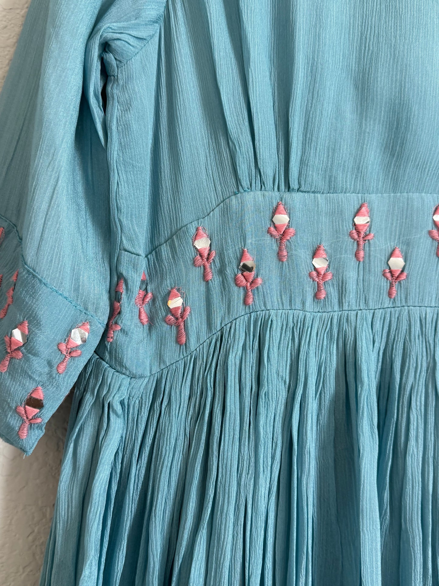 Powder Blue Mirror Work Chinnon Applique Tulips Tunic