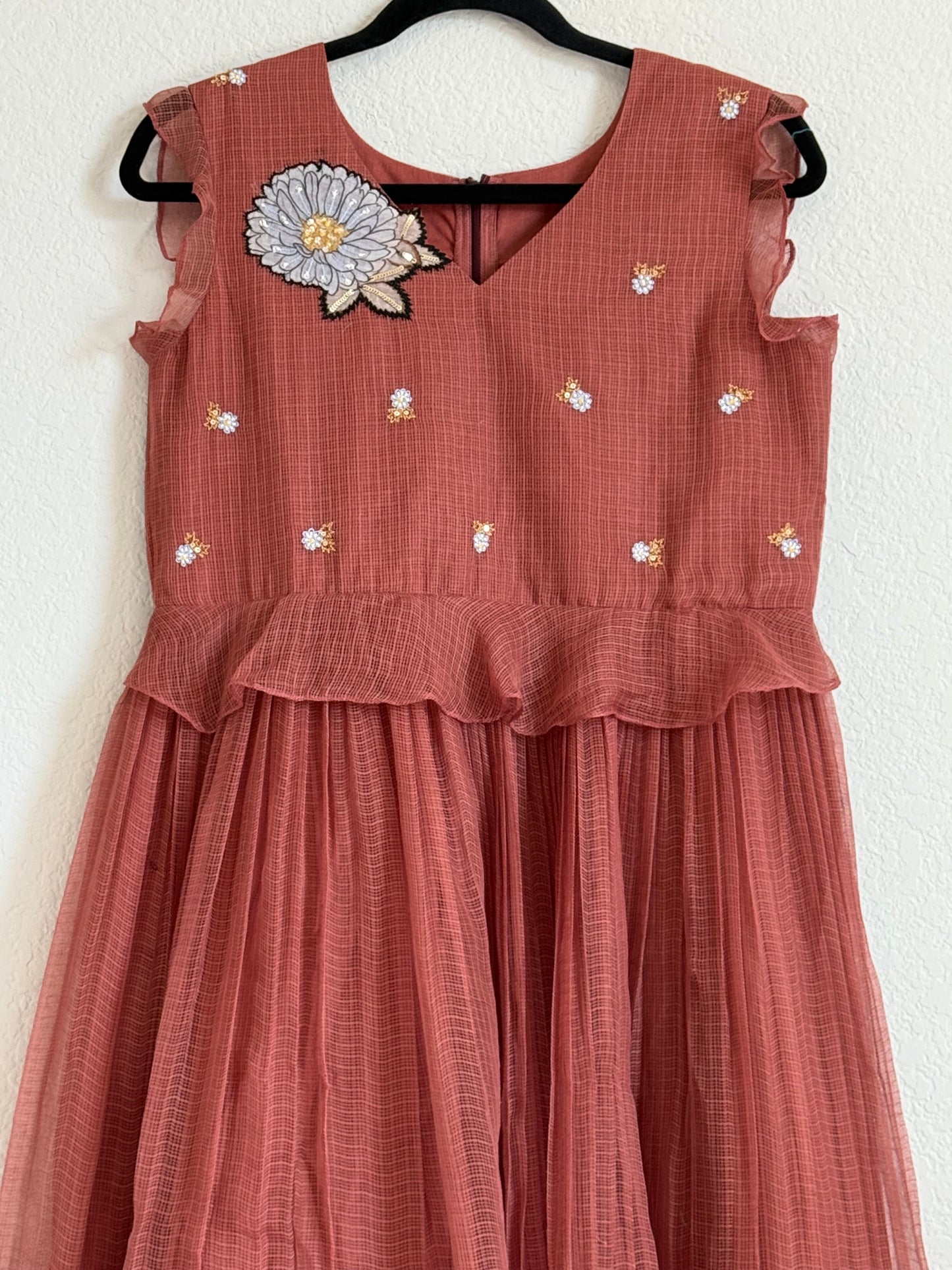 Brown Kota Applique Maggam Work Dress