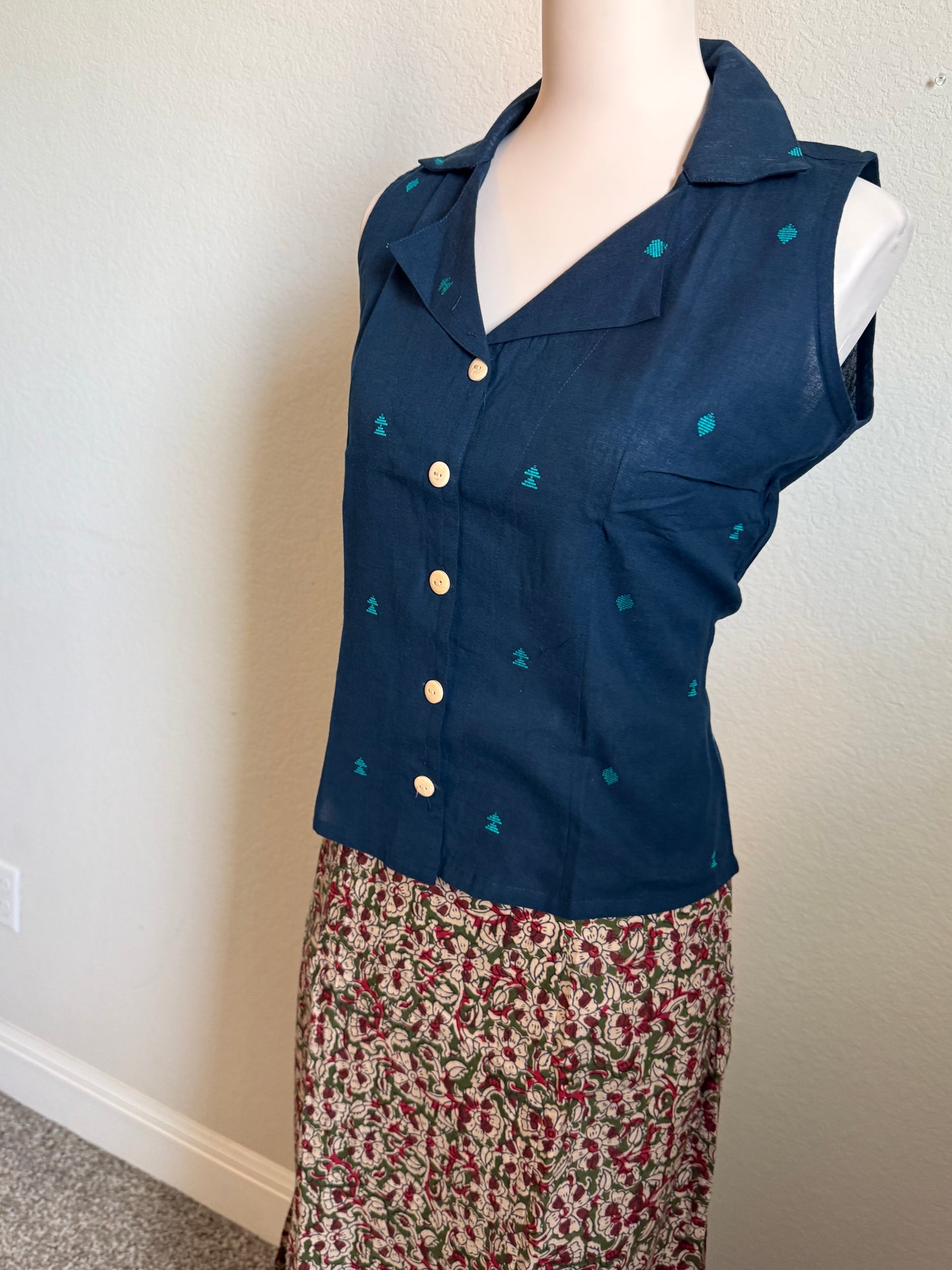 Blue Cotton Top with Kalamkari Long Skirt
