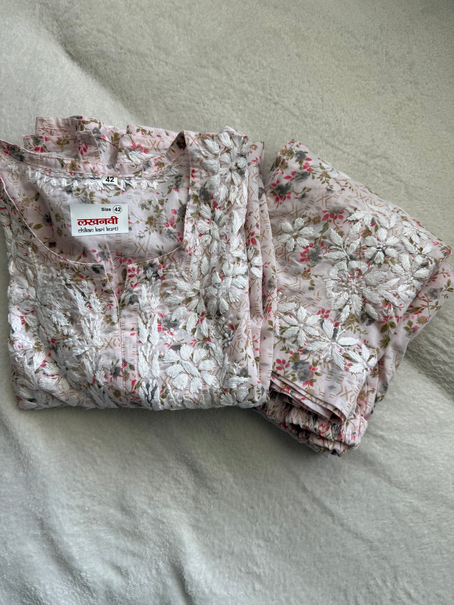 Pinkish Red Floral Printed Cotton Chikankari Coord Set - Top with Palazzo