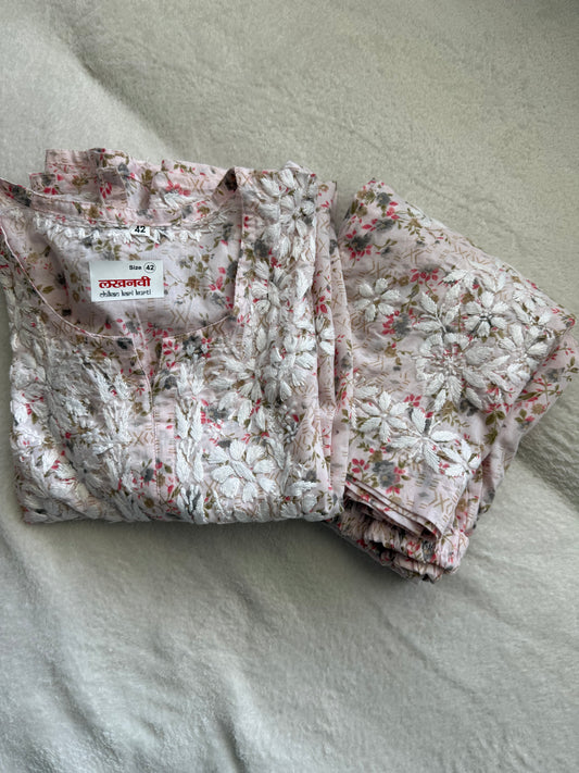 Pinkish Red Floral Printed Cotton Chikankari Coord Set - Top with Palazzo