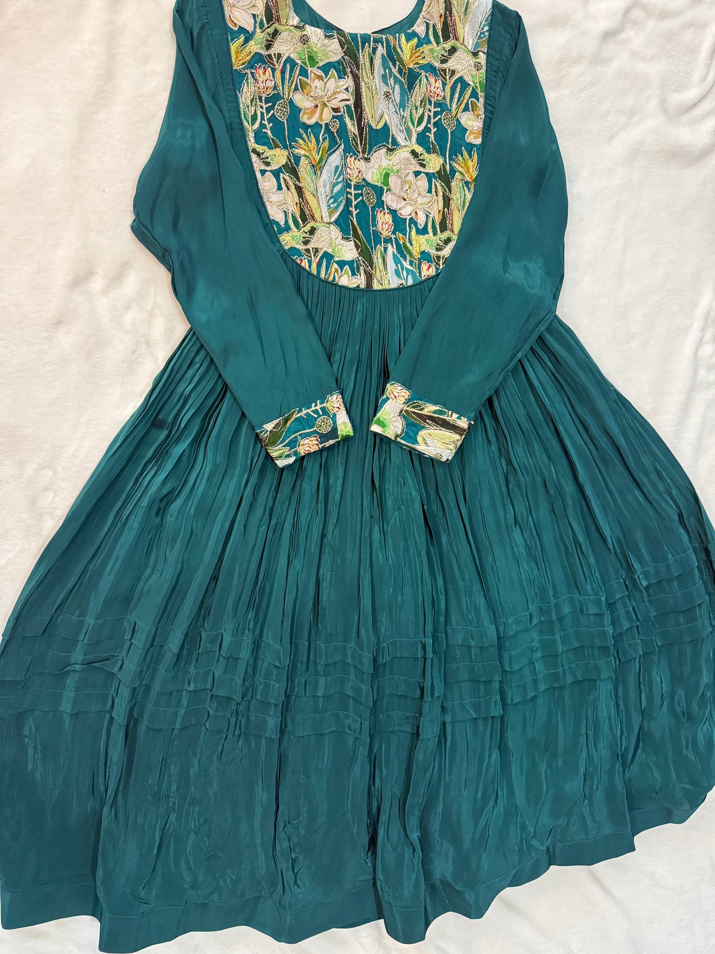 Bottle green crape silk anarkali tunic with yolk detailing