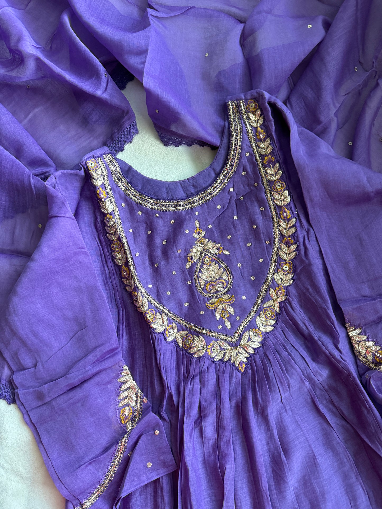 Purple mul chanderi designer A-line kurti set