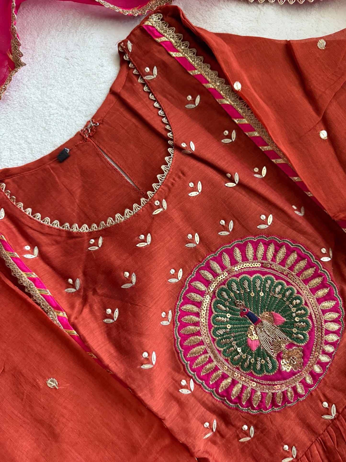 Rust orange pure mul chanderi suit set