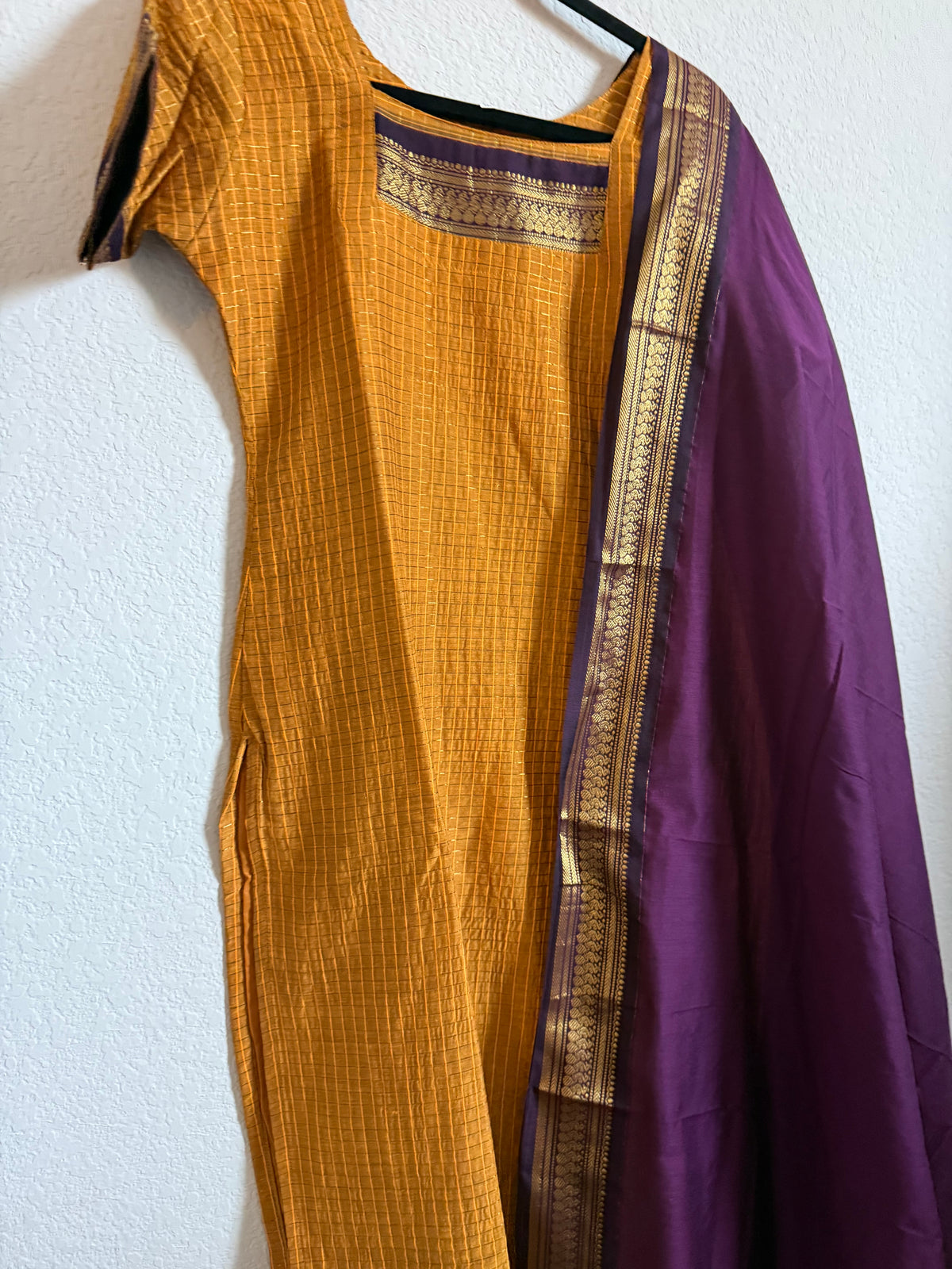 Yellow with Purple Handloom Checks Top and Dupatta Set