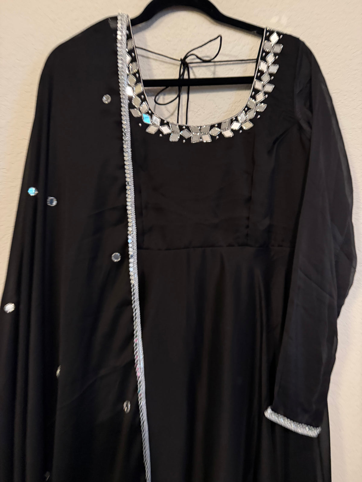 Black Mirror Work Georgette Heavy Flared Anarkali Set - Top and Dupatta