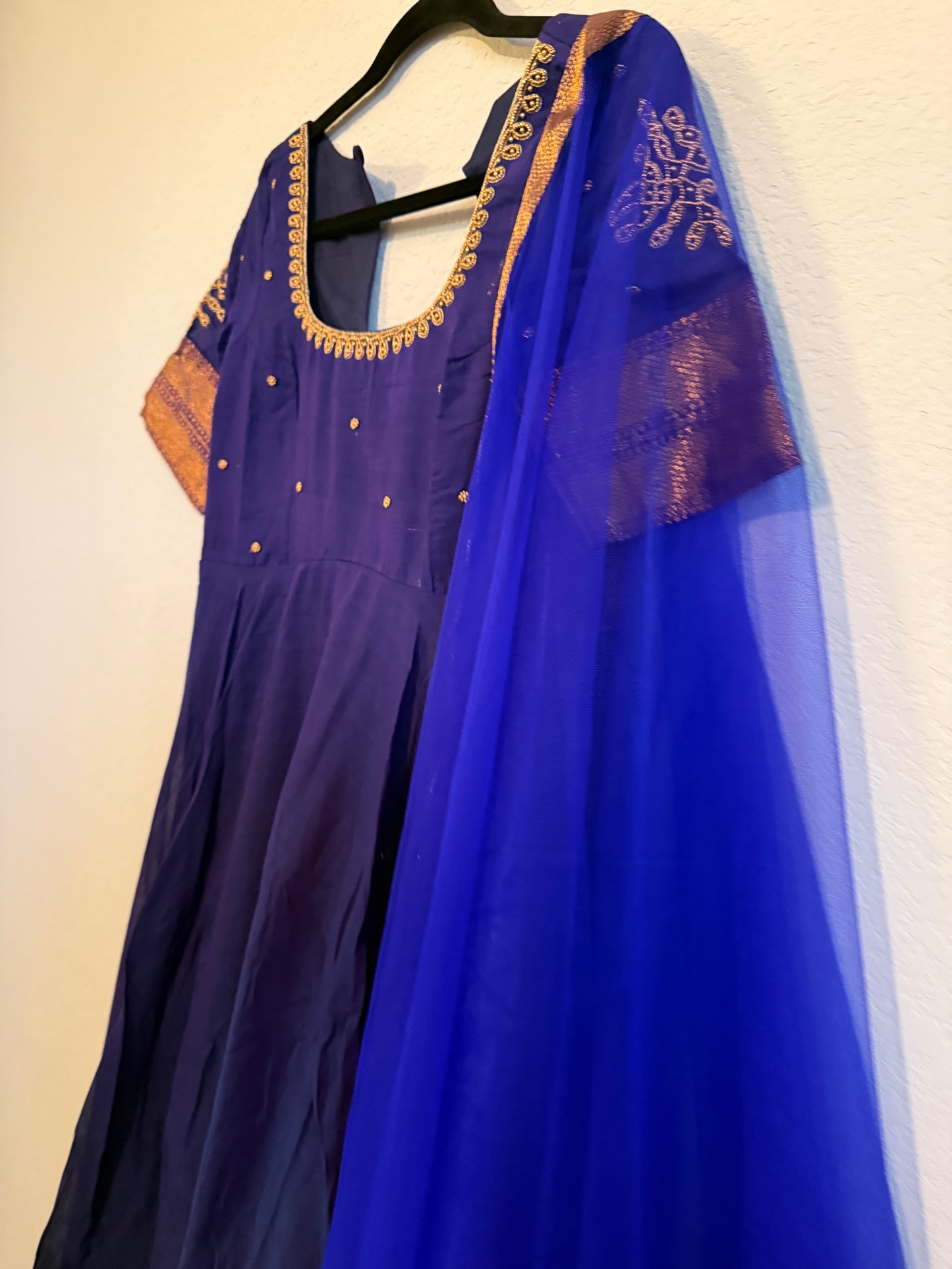 Blue Narayanpet Kolam Design Maggam Work Anarkali with Dupatta