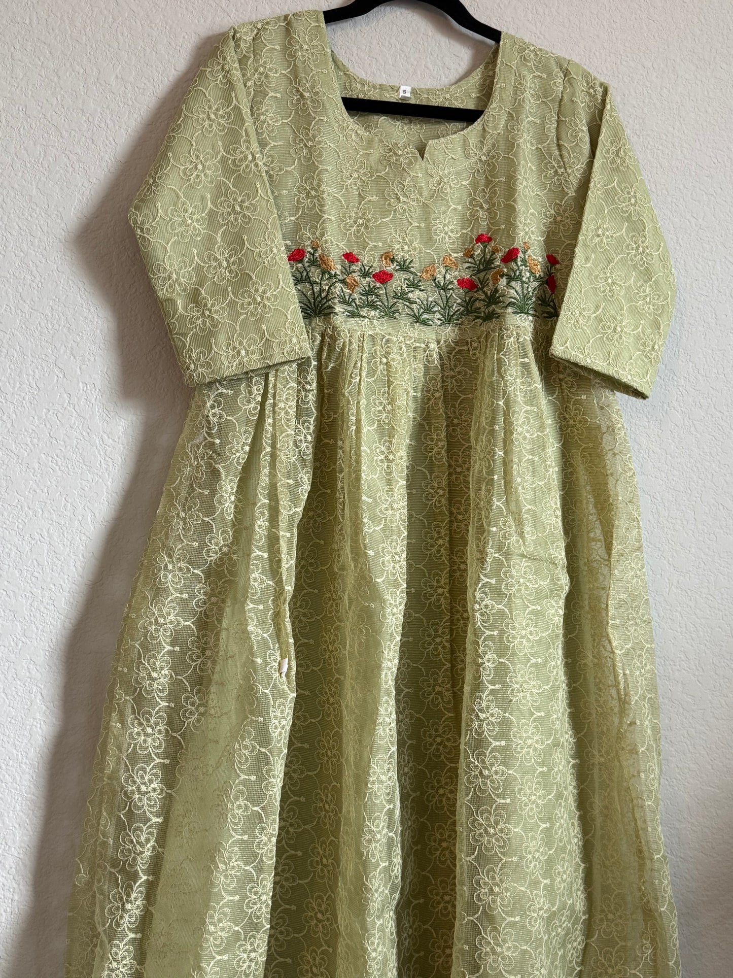Pista Green Net Kota Embroidered Frock