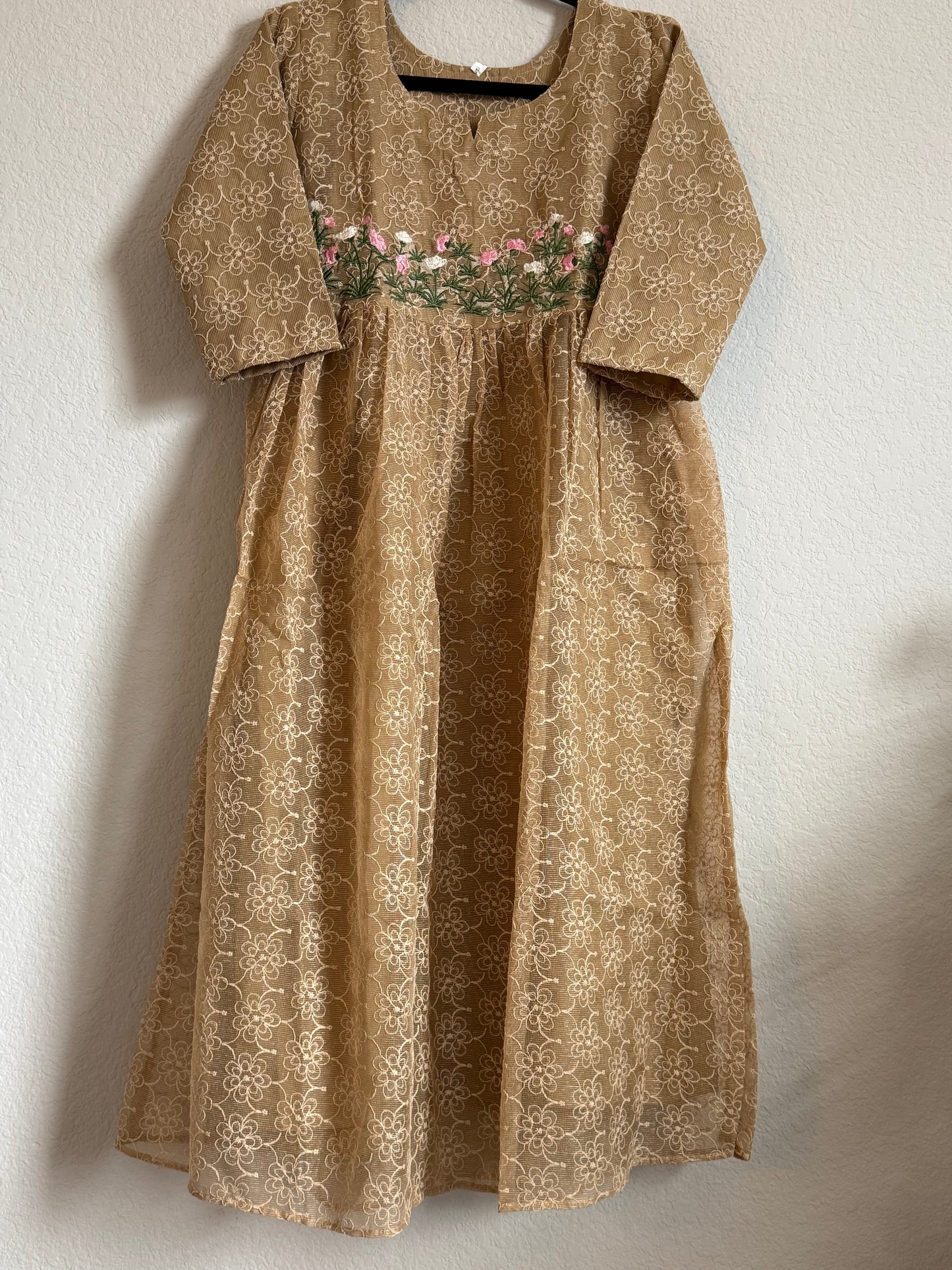 Biege Net Kota Embroidered Frock