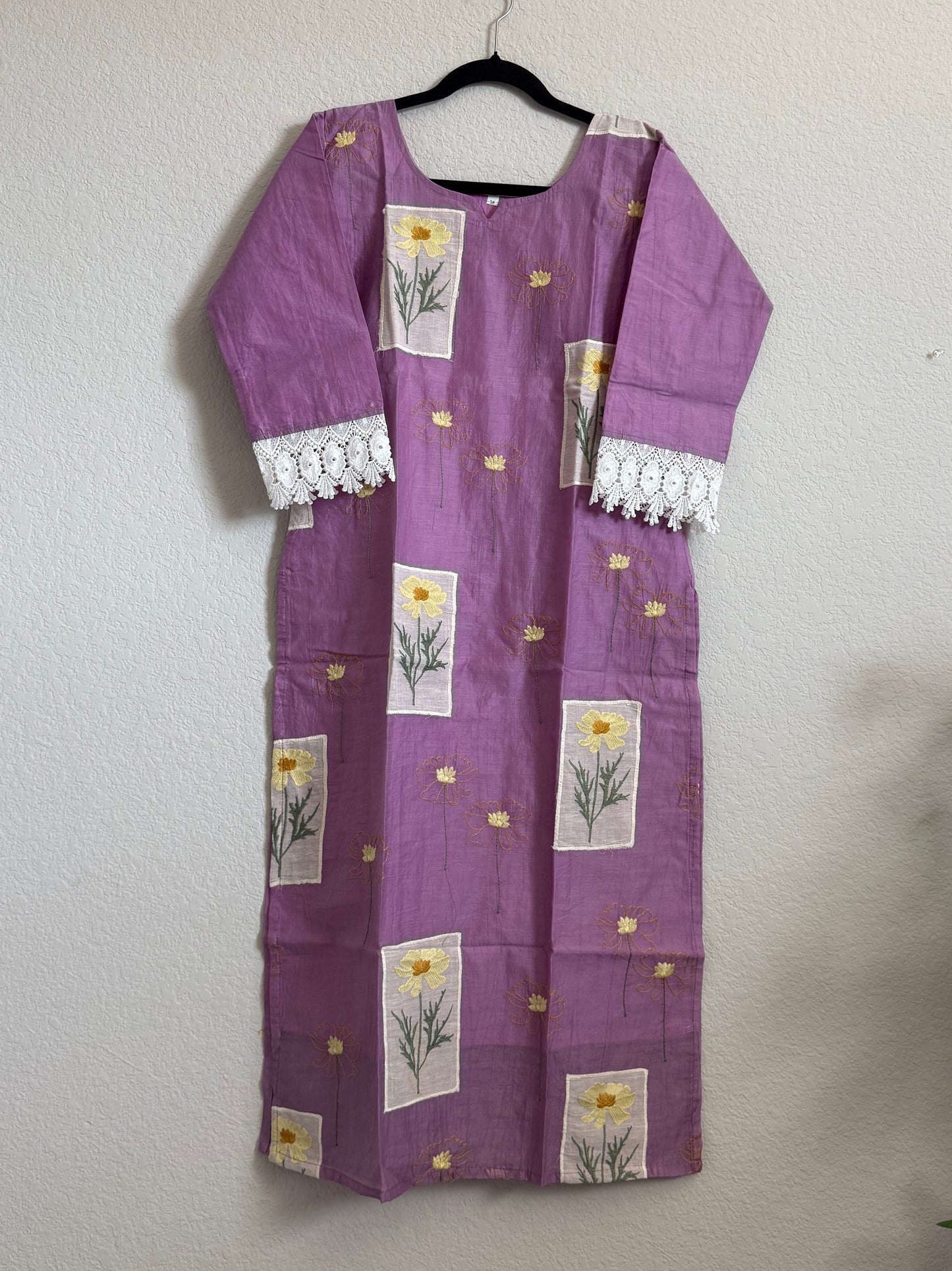Lavendar Mul Chanderi Straight Cut Kurti - Lace Sleeves Pattern