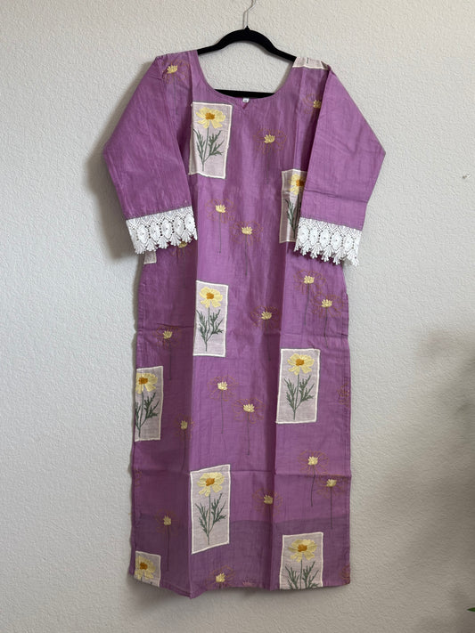 Lavendar Mul Chanderi Straight Cut Kurti - Lace Sleeves Pattern