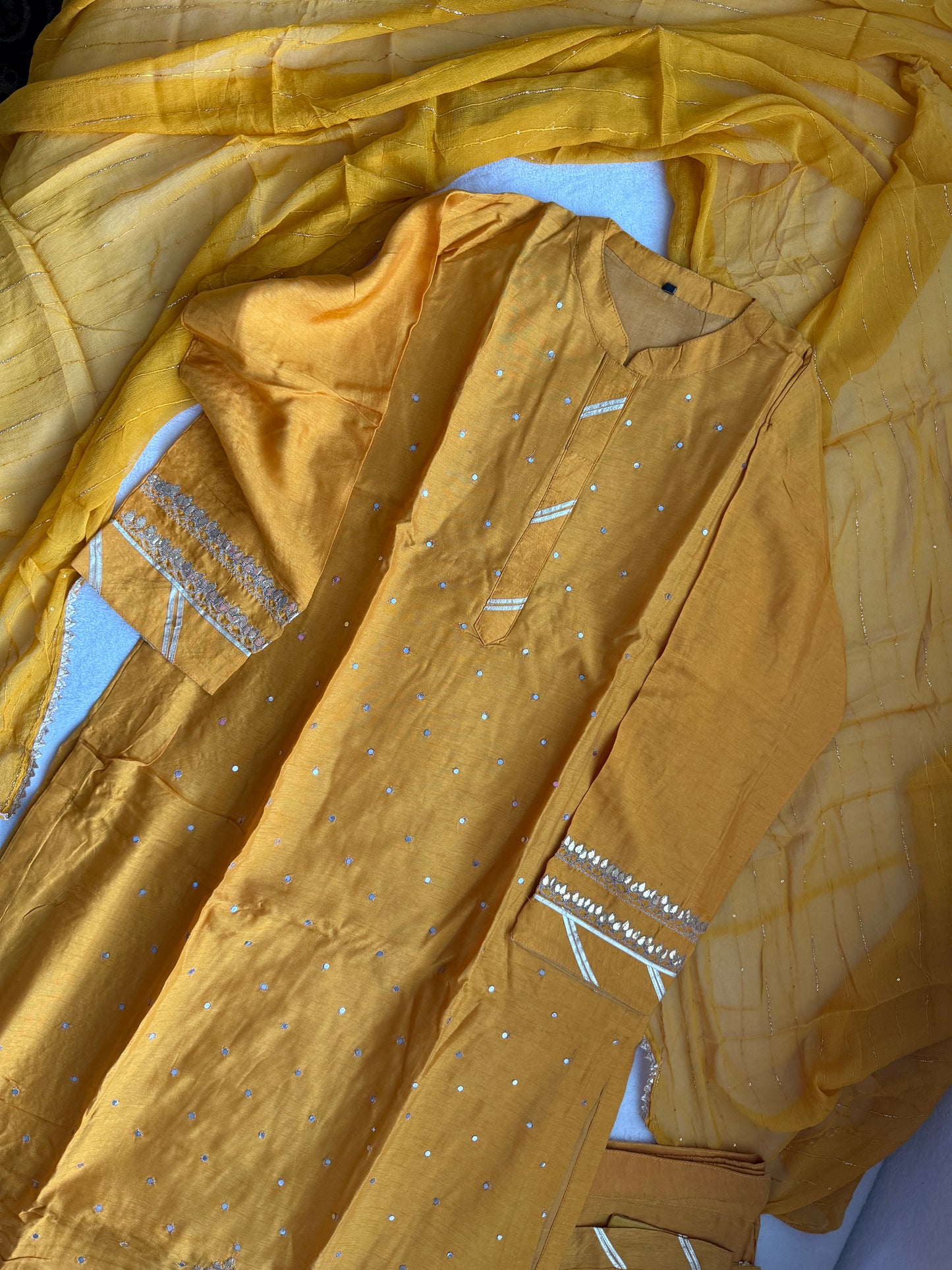 Beautiful dola silk mirror work yellow kurti set