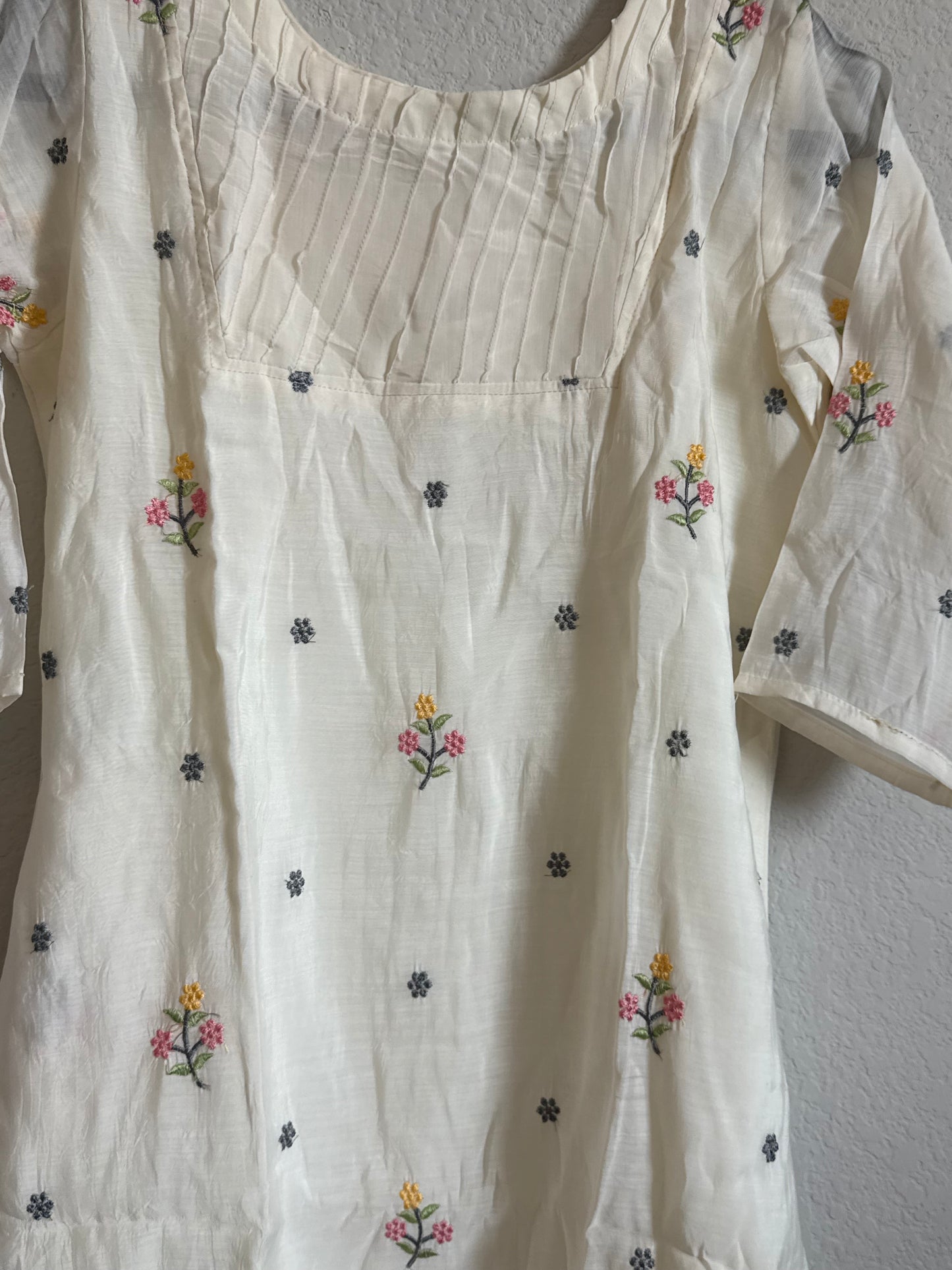 Half White Floral Embroidered Mul Chanderi A-line Kurti