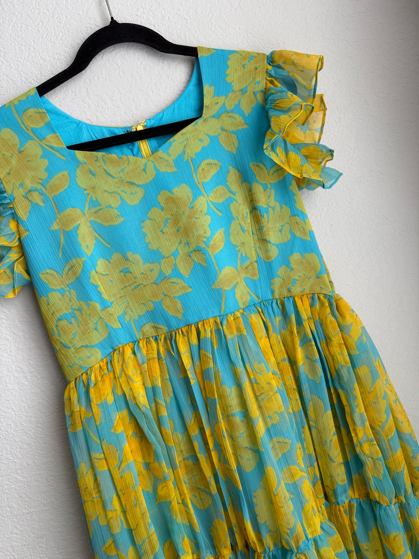 Teal blue and yellow floral chiffon midi dress