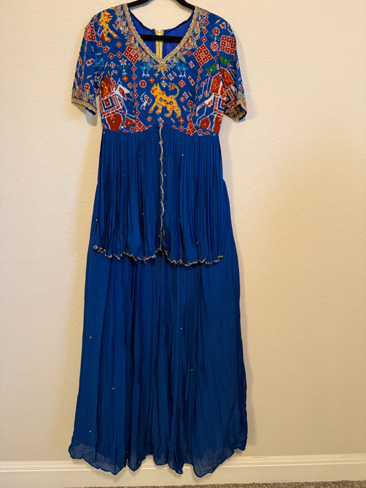 Blue Pure Patola Peplum Top with Skirt Set