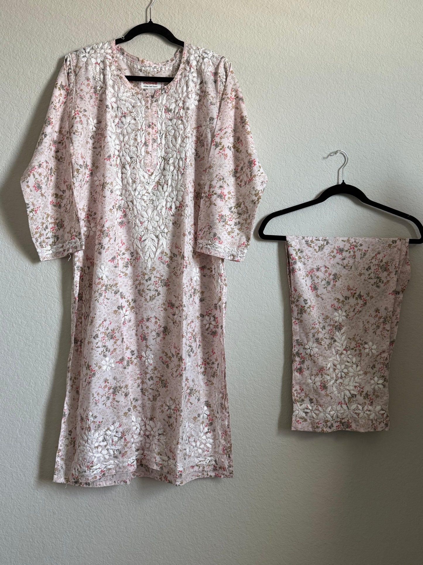 Pinkish Red Floral Printed Cotton Chikankari Coord Set - Top with Palazzo