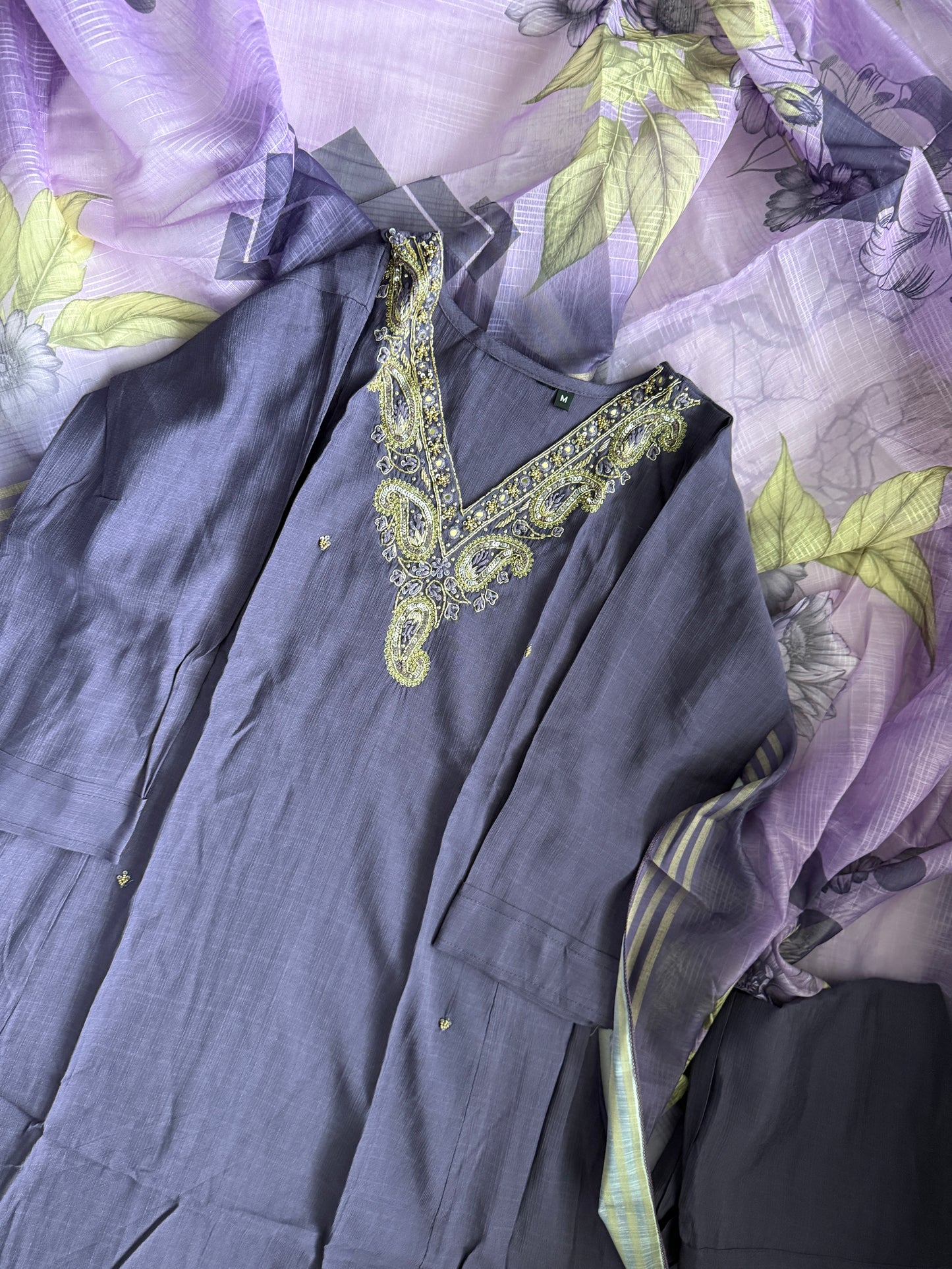 Purple shade vatican silk handwork anarkali kurti set with floral dupatta