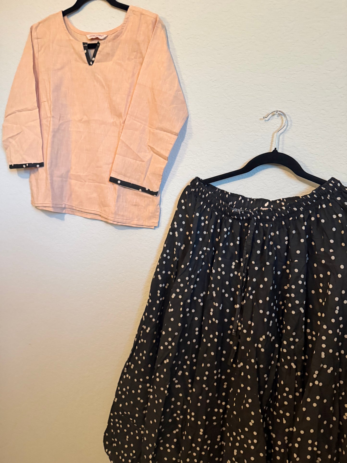 Black cotton polka dot skirt with biege top - set