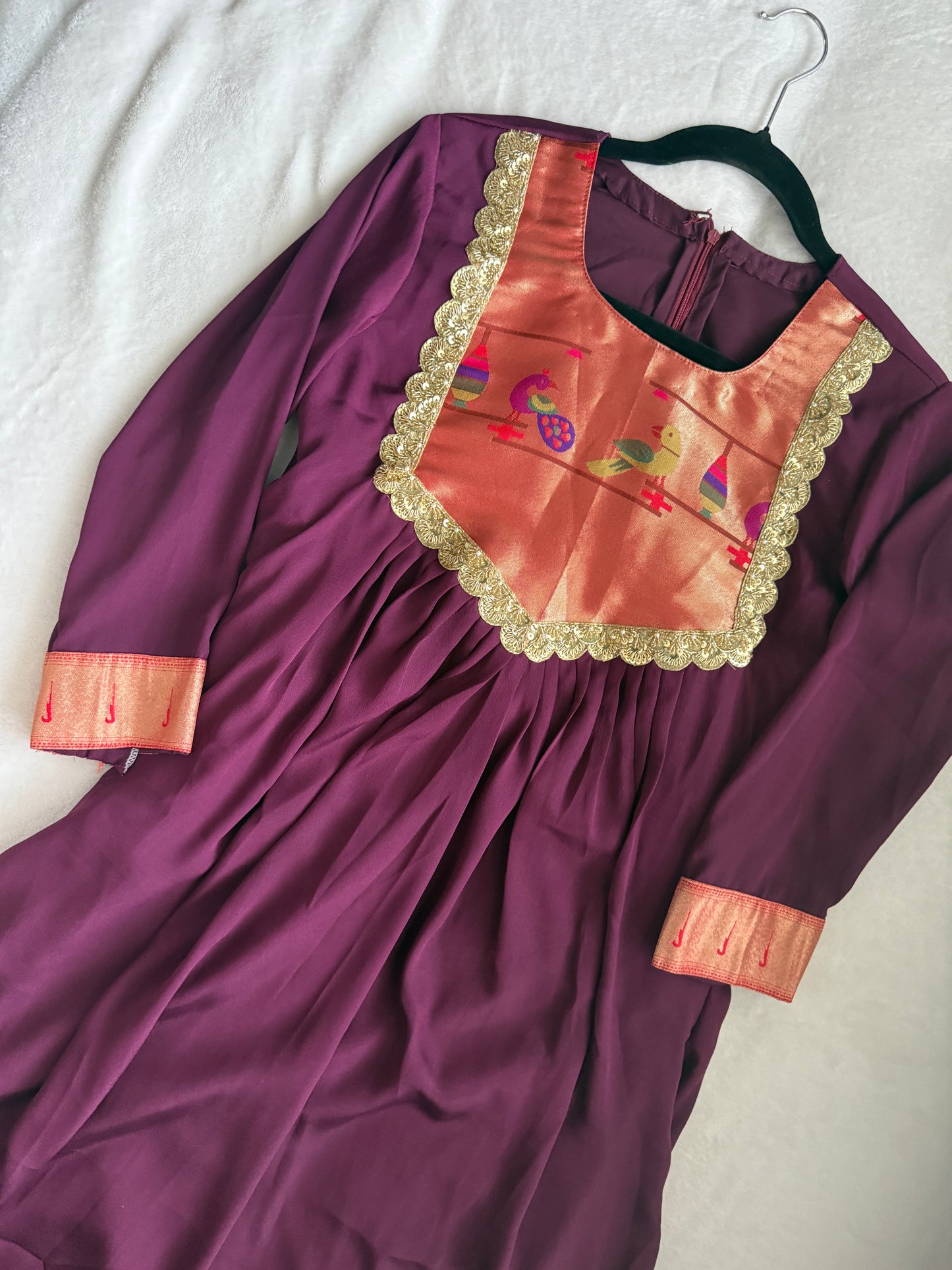 Wine shade paithani crape tunic with beautiful lace detailing