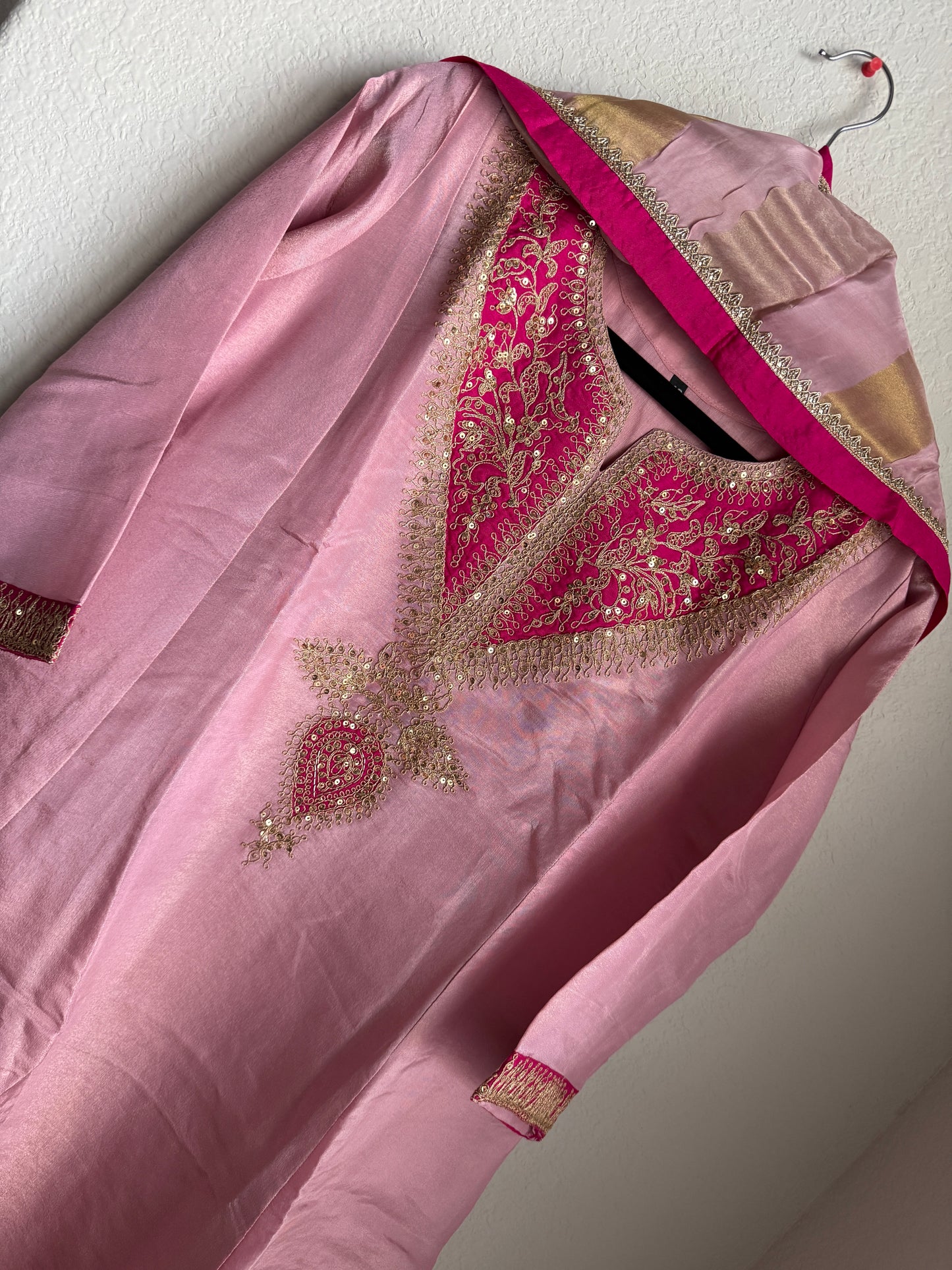 Baby pink tissue A-line kurti set with gorgeous tissue dupatta