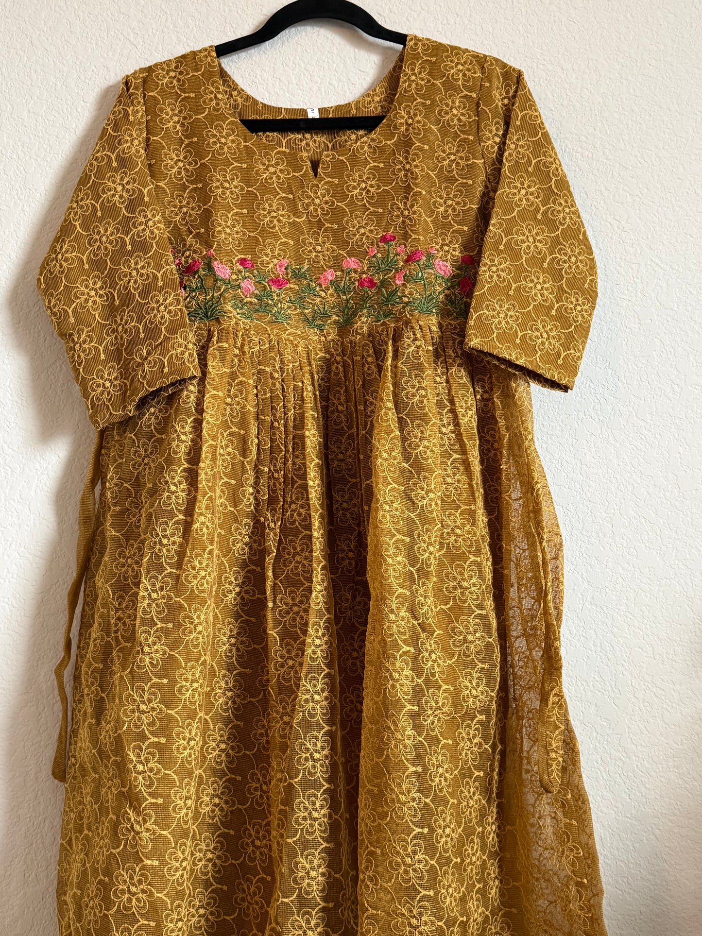 Mustard Yellow Net Kota Embroidered Frock