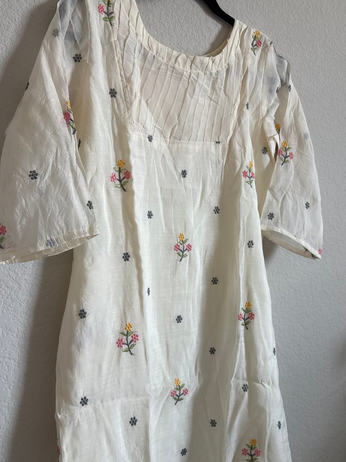 Half White Floral Embroidered Mul Chanderi A-line Kurti