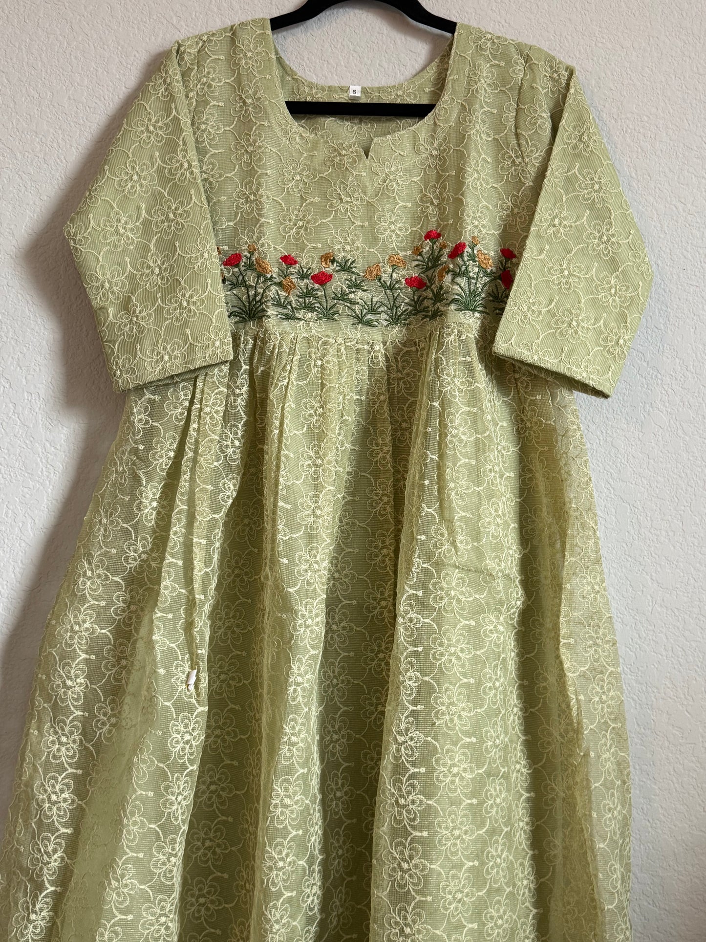 Pista Green Net Kota Embroidered Frock
