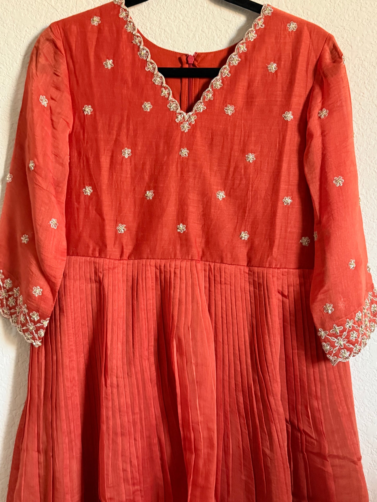 Rust Orange Mul Chanderi Handwork Designer Dress