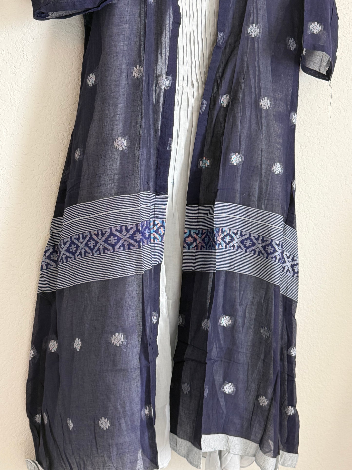 Navy Blue Jamdani Overcoat Dress with Gray Sleeveless Tunic