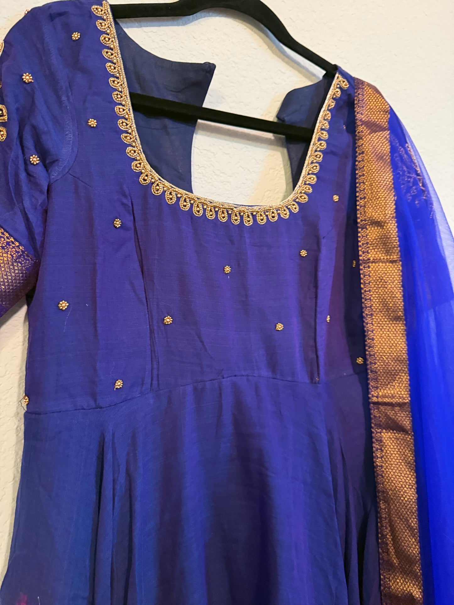 Blue Narayanpet Kolam Design Maggam Work Anarkali with Dupatta