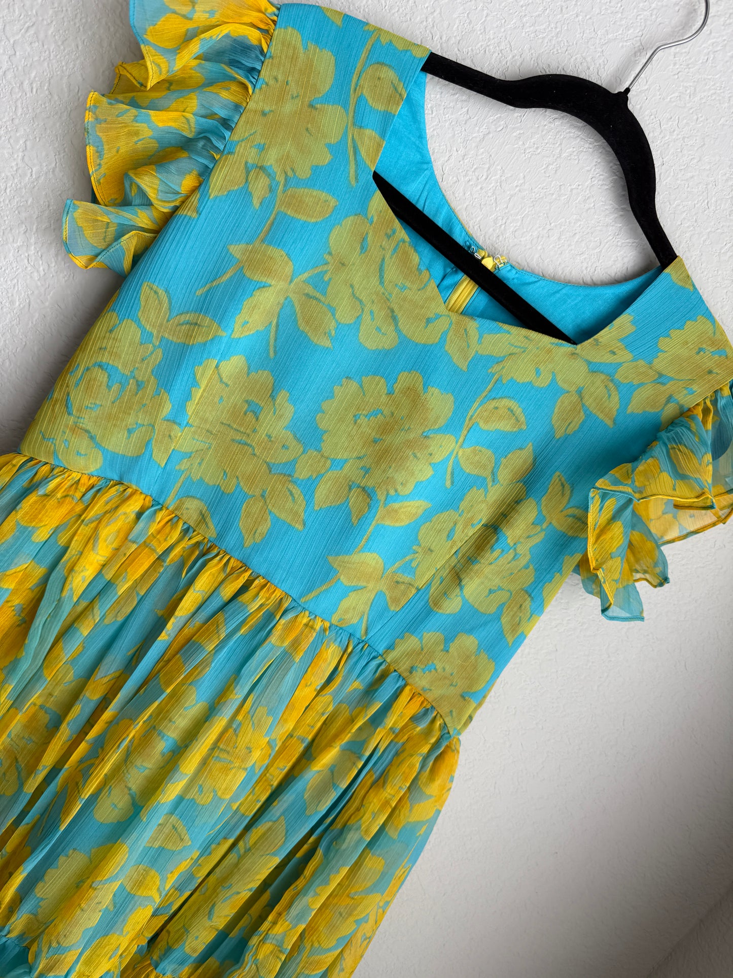 Teal blue and yellow floral chiffon midi dress