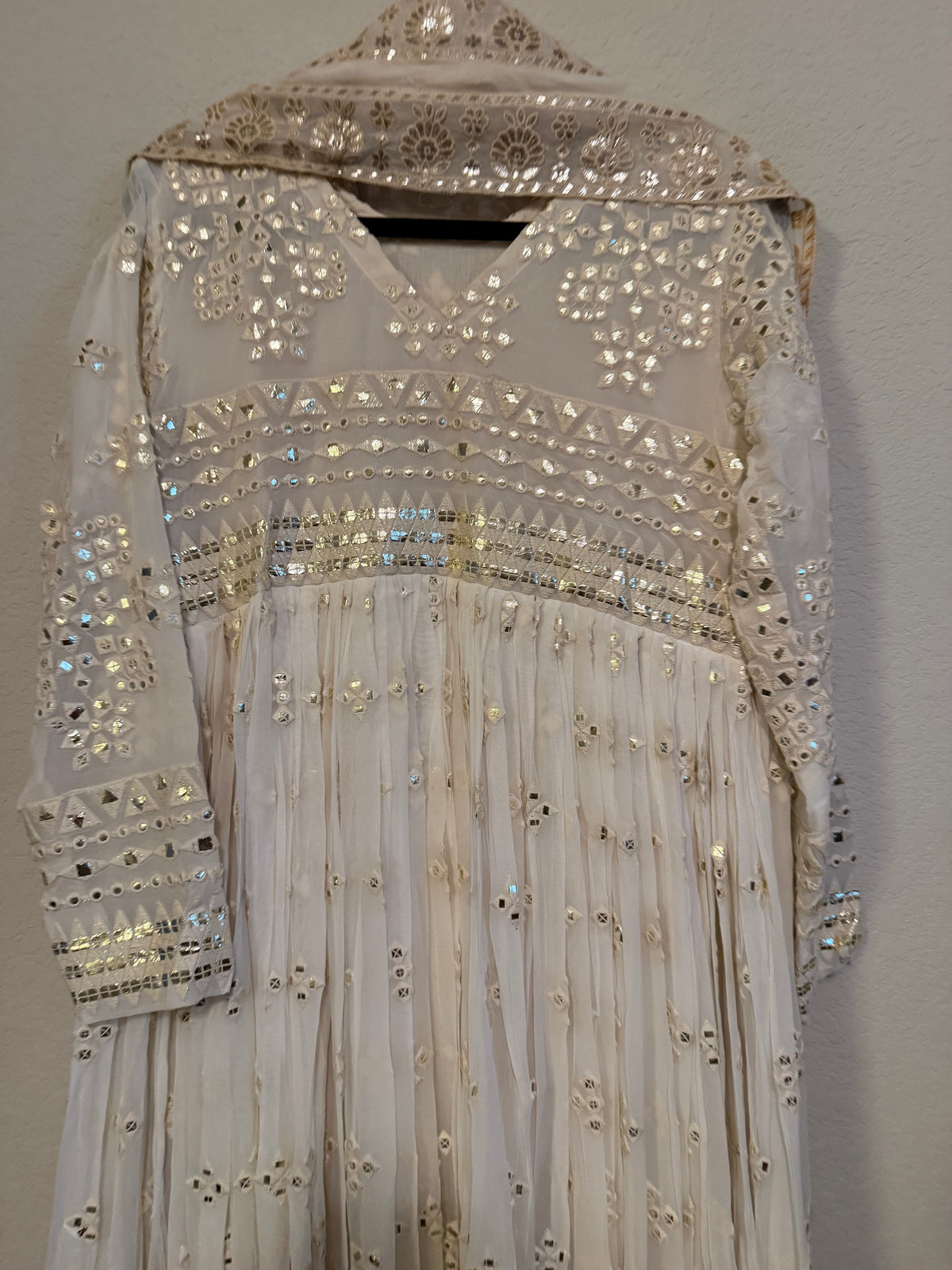 Ivory Shade Gotapatti Chikanwork Heavy Flared Long Anarkali Set - Top and Dupatta