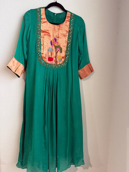 Green pure paithani crape maggam work tunic