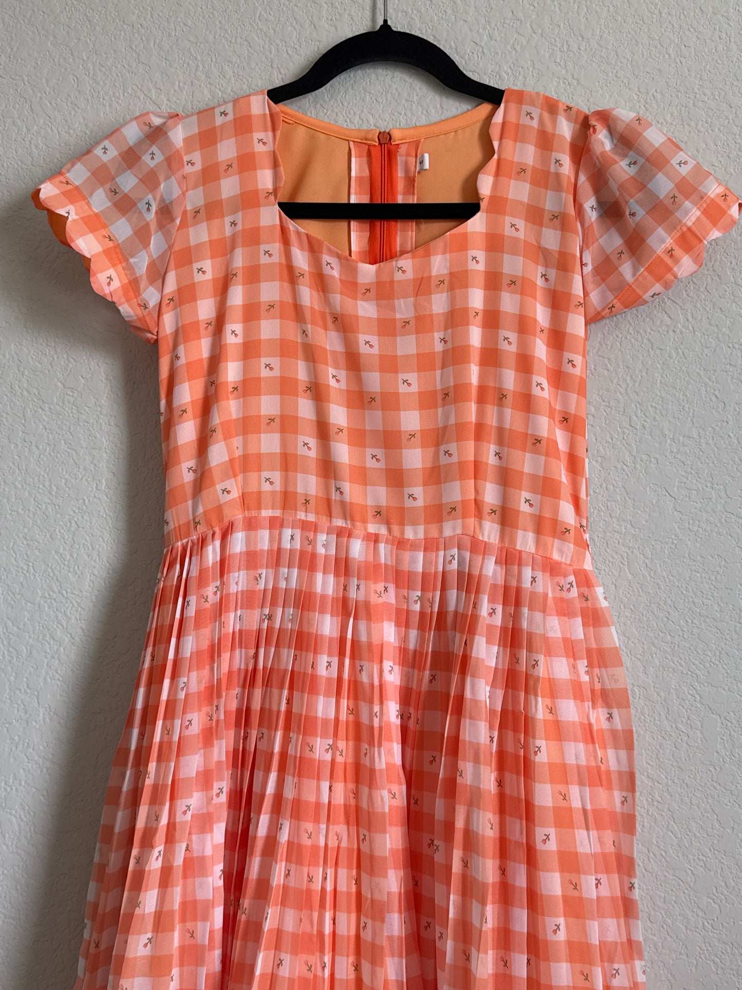 Orange Floral Checks Georgette scallop style frock with short scallop sleeve