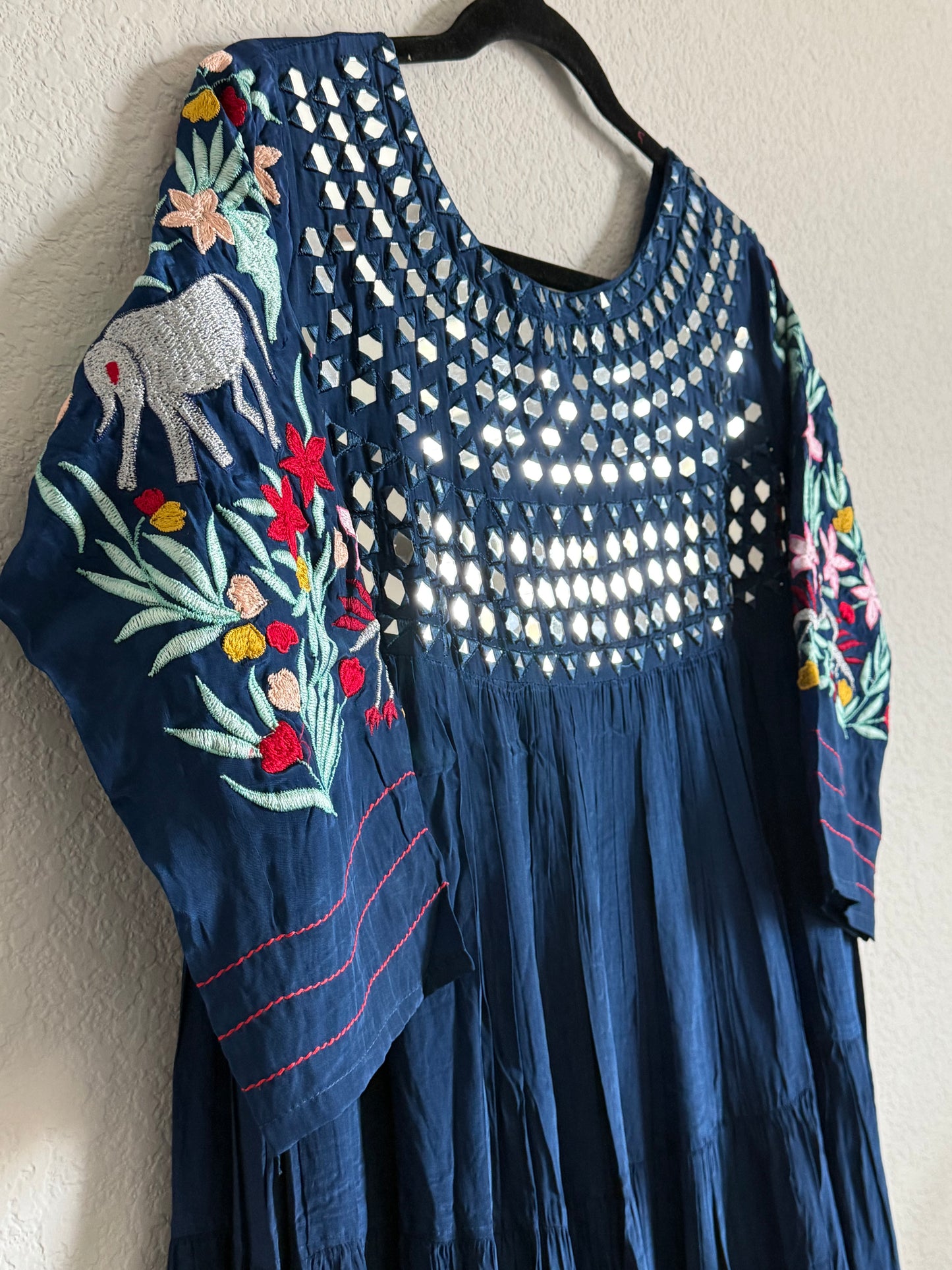Navy Blue Heavy mirror work chinnon embroidered gown